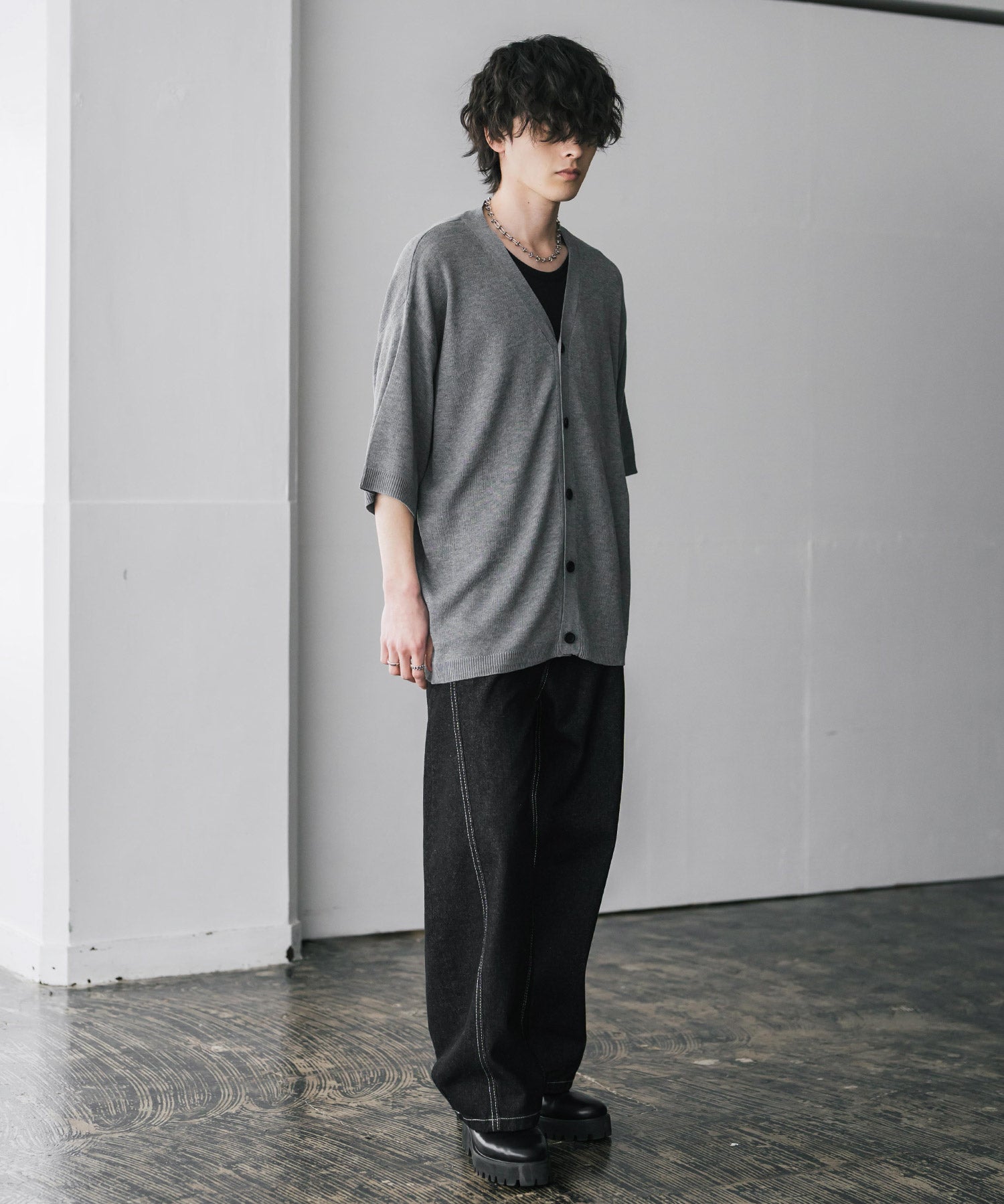 接触冷感 オーバーサイズVネックハイゲージ半袖サマーニットカーディガン 15472