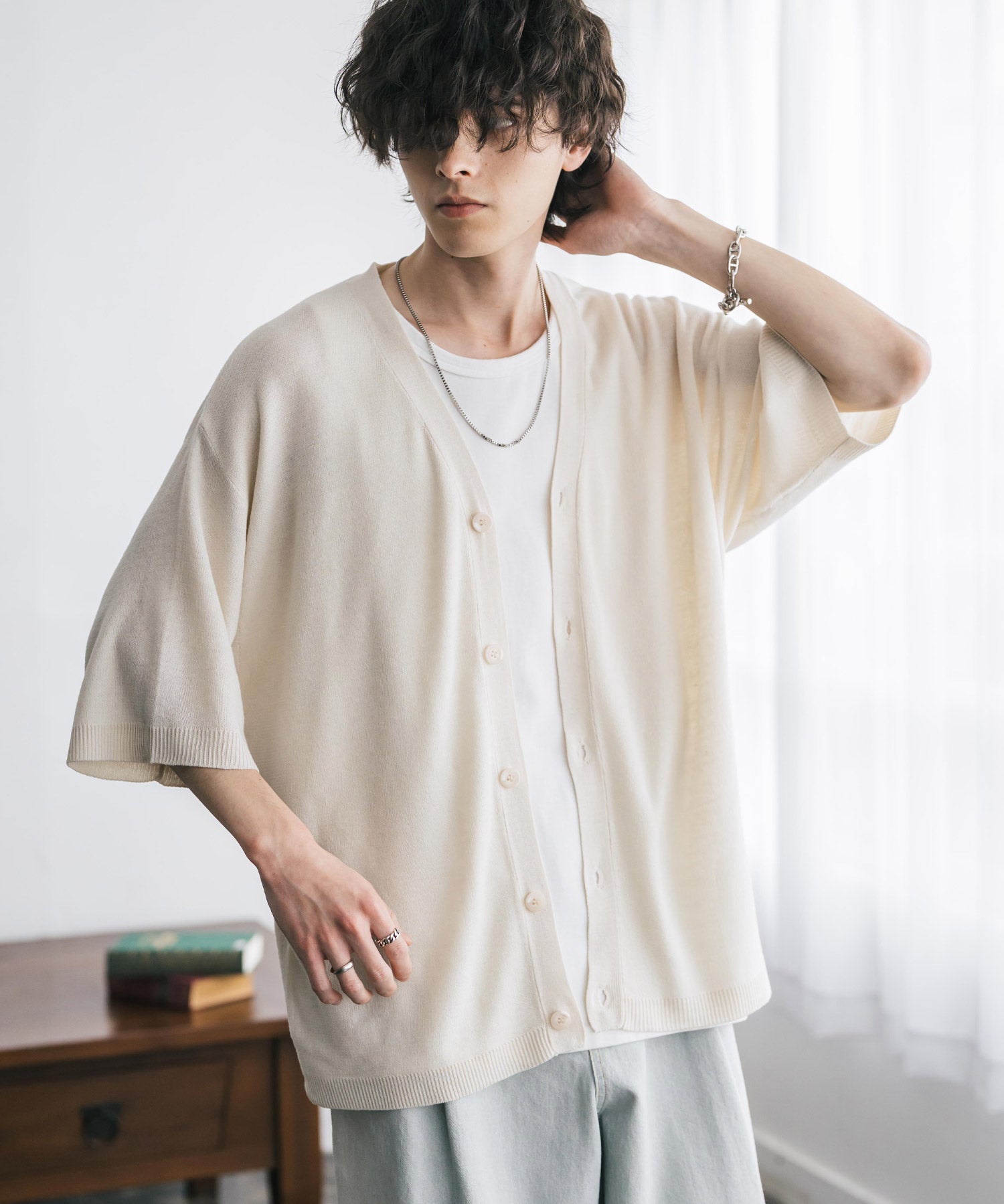 接触冷感 オーバーサイズVネックハイゲージ半袖サマーニットカーディガン 15472