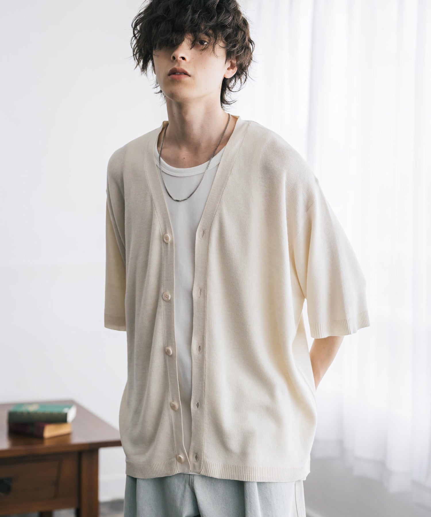 接触冷感 オーバーサイズVネックハイゲージ半袖サマーニットカーディガン 15472