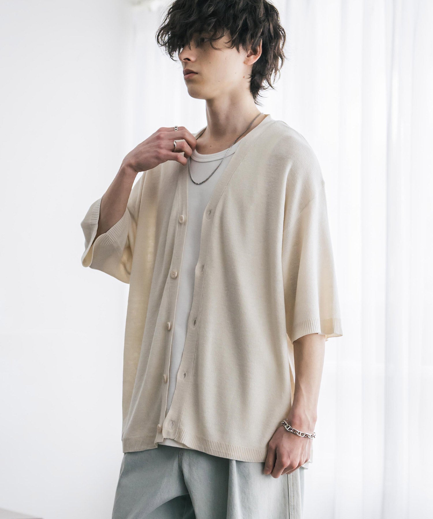 接触冷感 オーバーサイズVネックハイゲージ半袖サマーニットカーディガン 15472