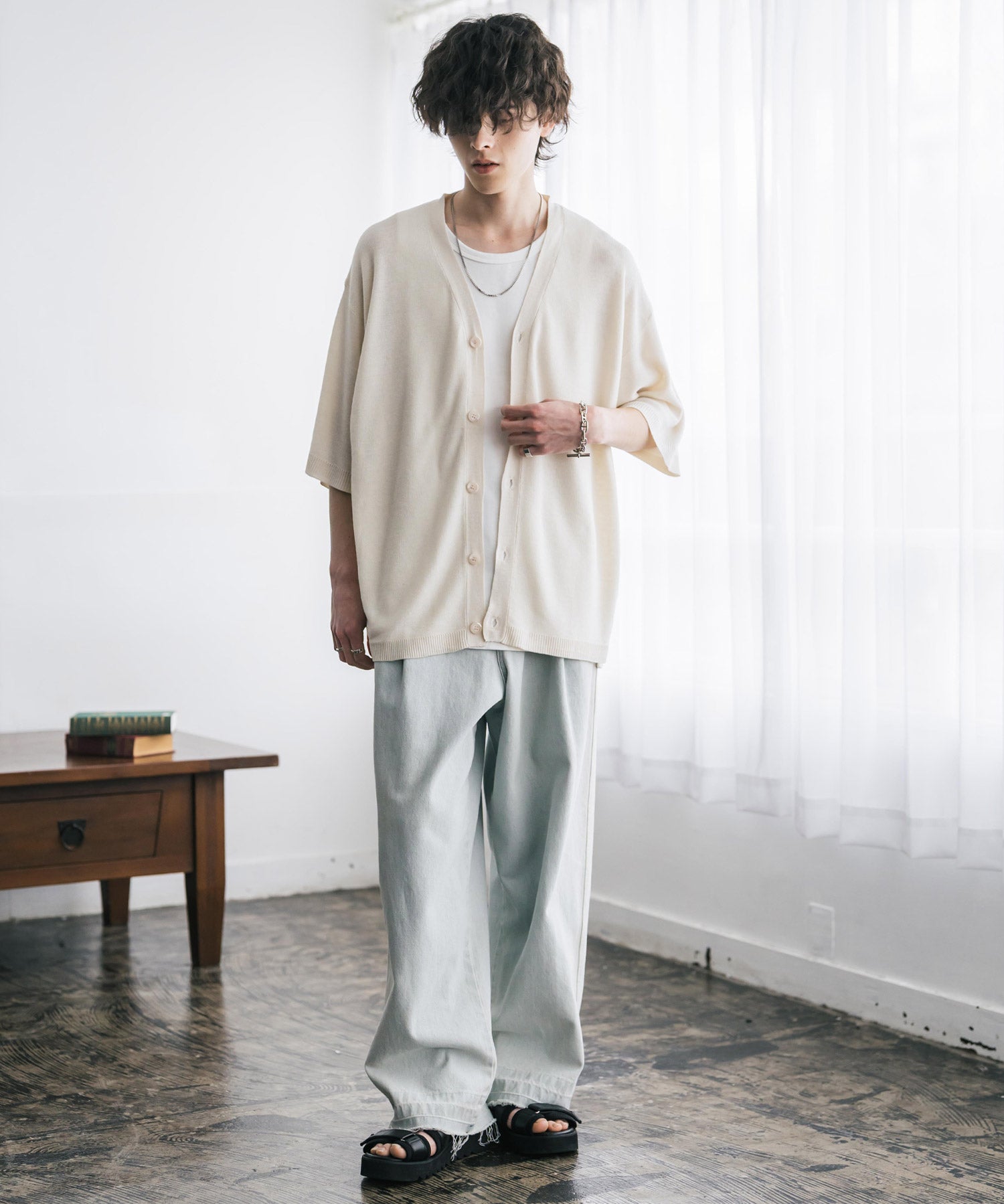 接触冷感 オーバーサイズVネックハイゲージ半袖サマーニットカーディガン 15472