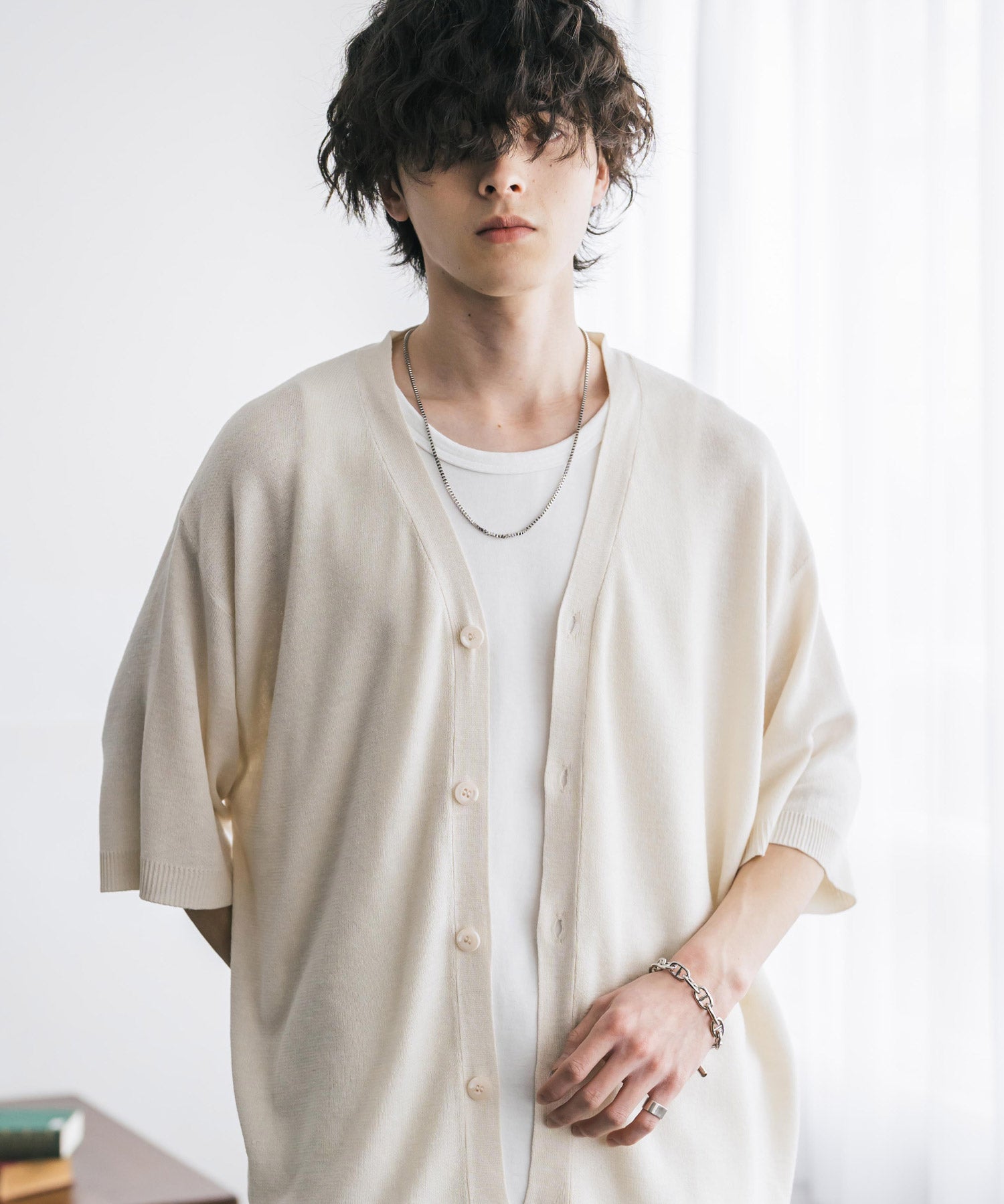 接触冷感 オーバーサイズVネックハイゲージ半袖サマーニットカーディガン 15472