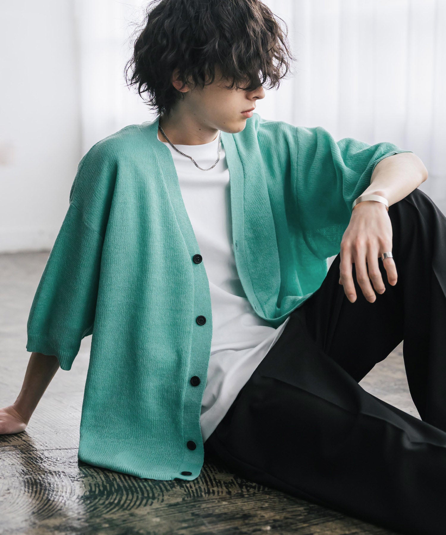 接触冷感 オーバーサイズVネックハイゲージ半袖サマーニットカーディガン 15472