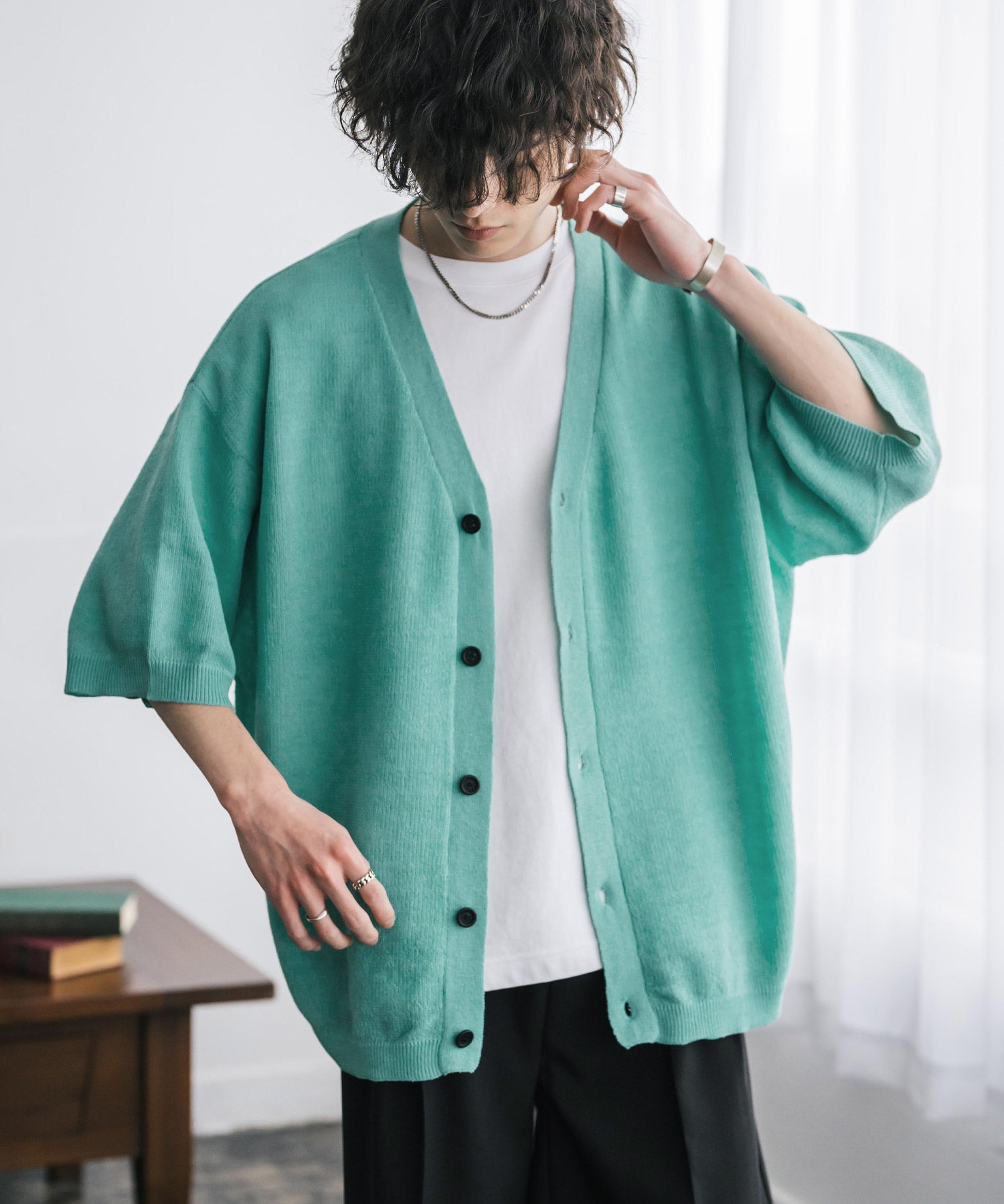 接触冷感 オーバーサイズVネックハイゲージ半袖サマーニットカーディガン 15472