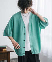 接触冷感 オーバーサイズVネックハイゲージ半袖サマーニットカーディガン 15472