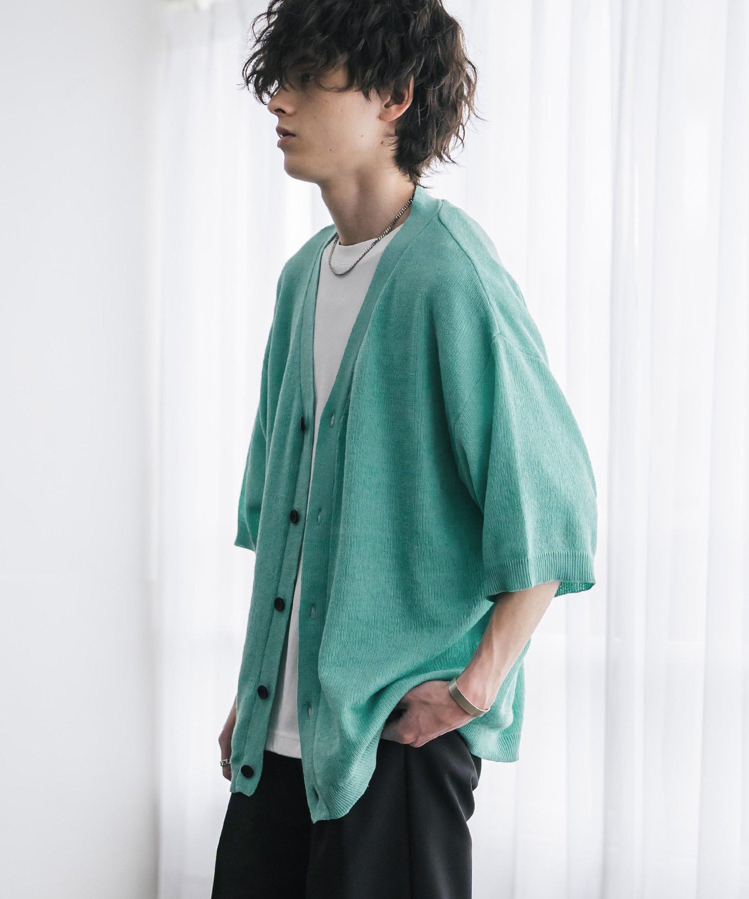 接触冷感 オーバーサイズVネックハイゲージ半袖サマーニットカーディガン 15472