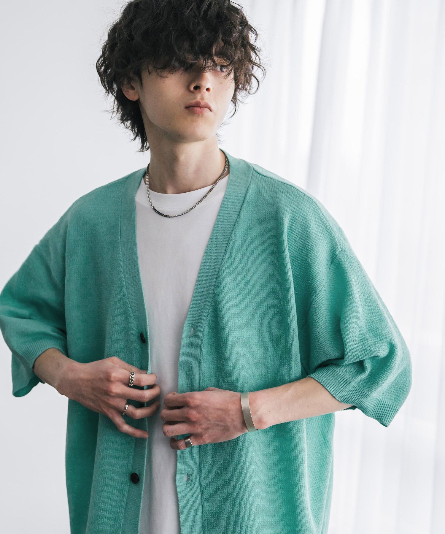 接触冷感 オーバーサイズVネックハイゲージ半袖サマーニットカーディガン 15472