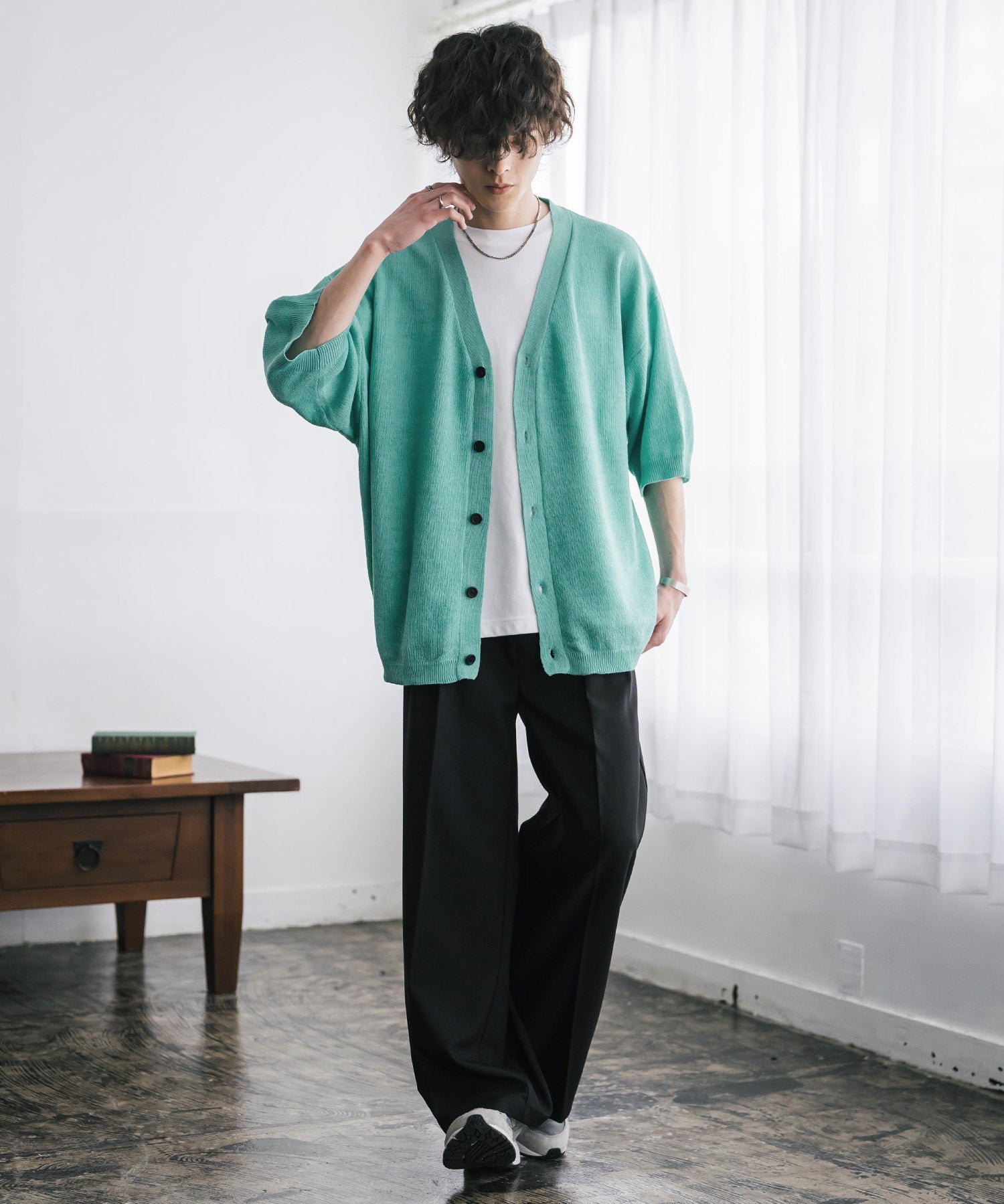 接触冷感 オーバーサイズVネックハイゲージ半袖サマーニットカーディガン 15472