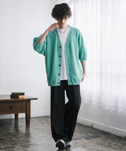 接触冷感 オーバーサイズVネックハイゲージ半袖サマーニットカーディガン 15472