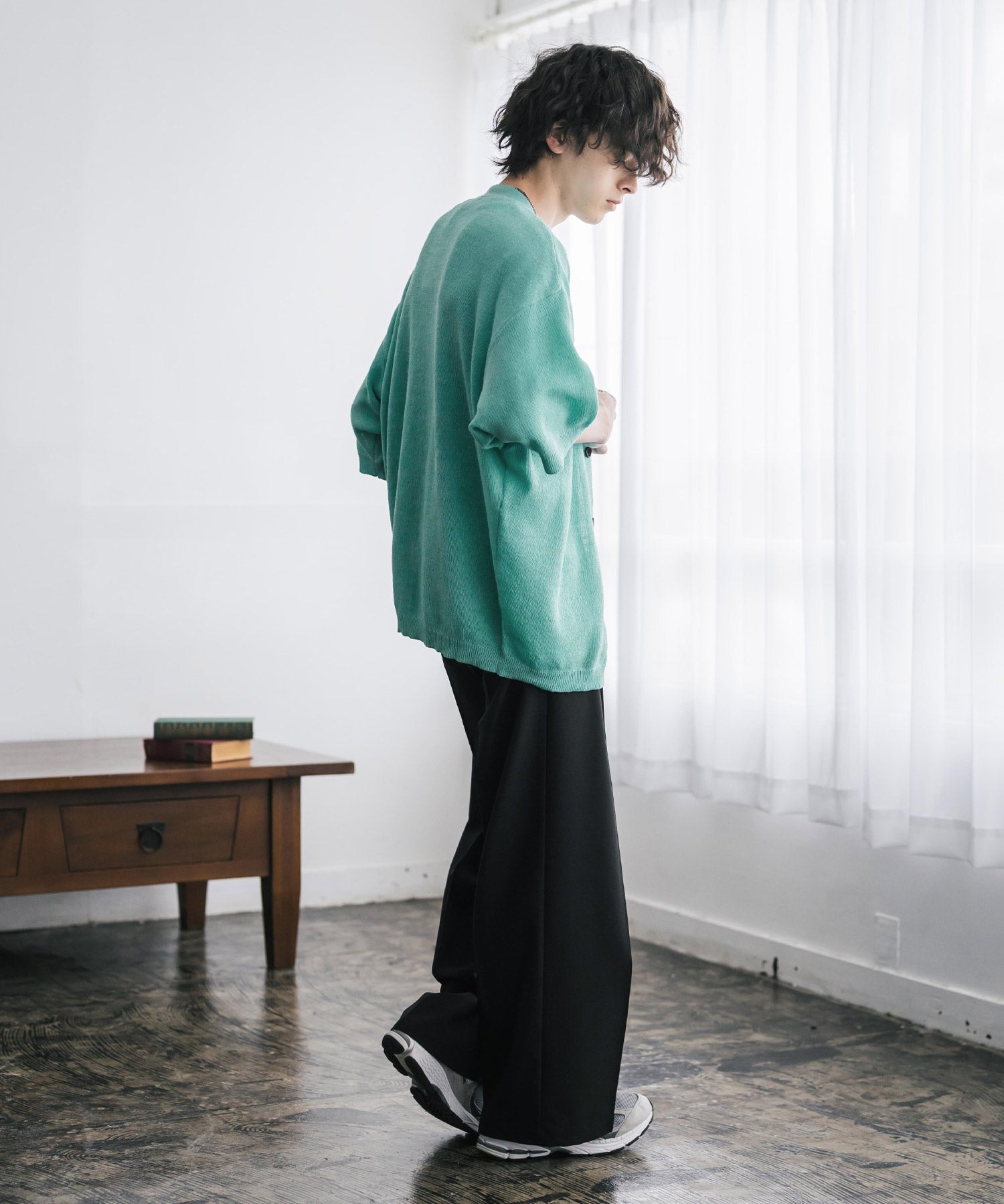 接触冷感 オーバーサイズVネックハイゲージ半袖サマーニットカーディガン 15472