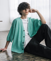 接触冷感 オーバーサイズVネックハイゲージ半袖サマーニットカーディガン 15472