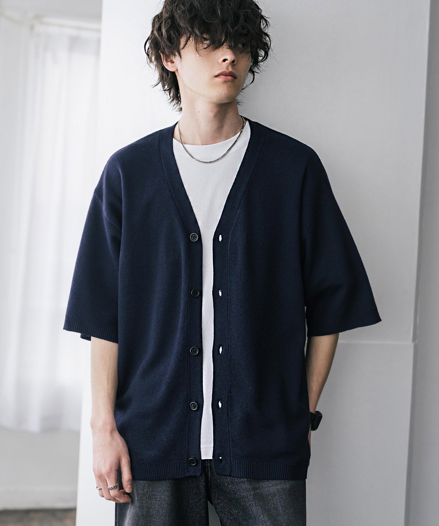 接触冷感 オーバーサイズVネックハイゲージ半袖サマーニットカーディガン 15472