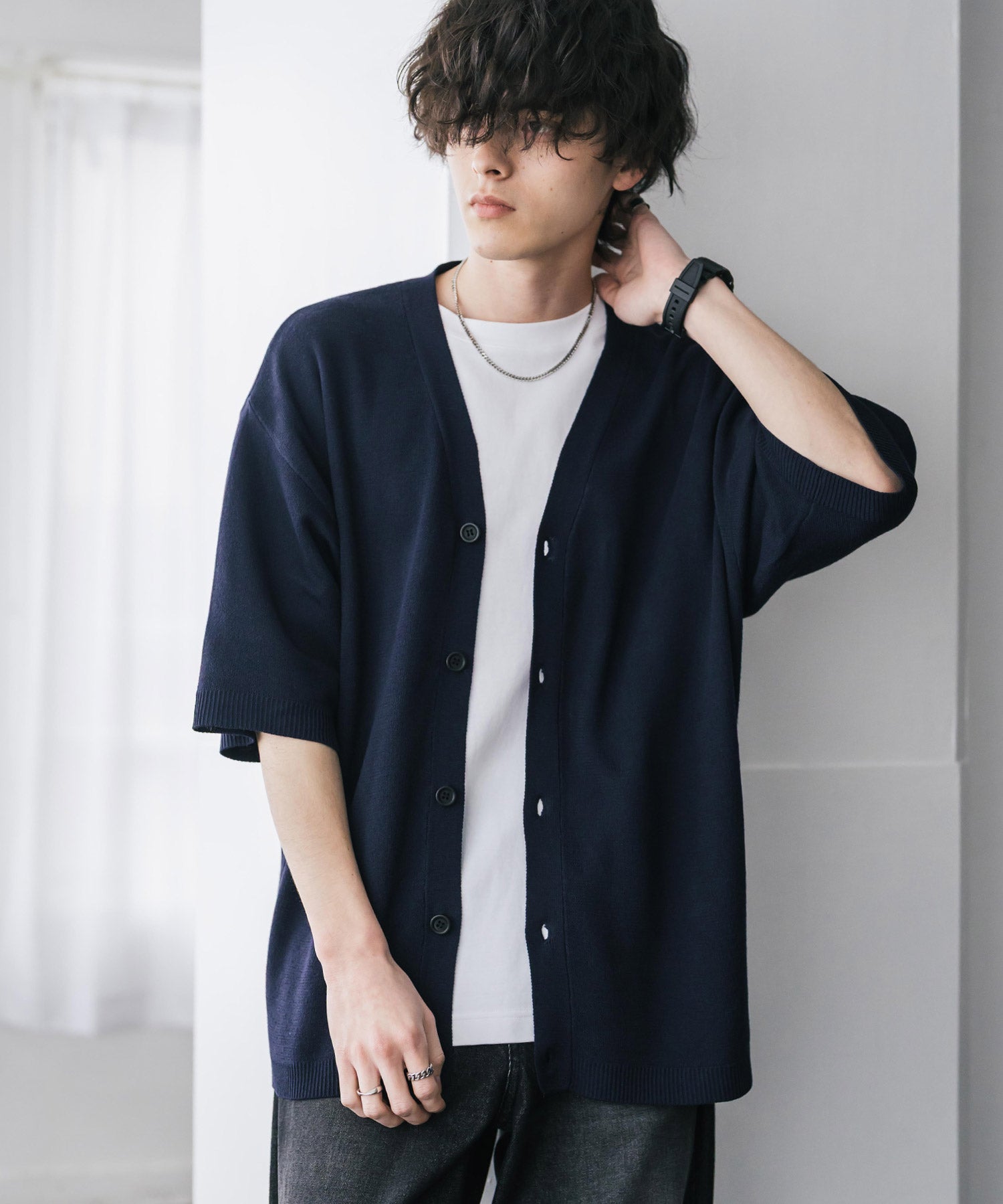 接触冷感 オーバーサイズVネックハイゲージ半袖サマーニットカーディガン 15472