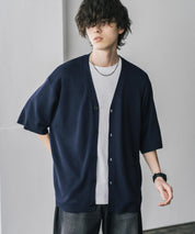 接触冷感 オーバーサイズVネックハイゲージ半袖サマーニットカーディガン 15472