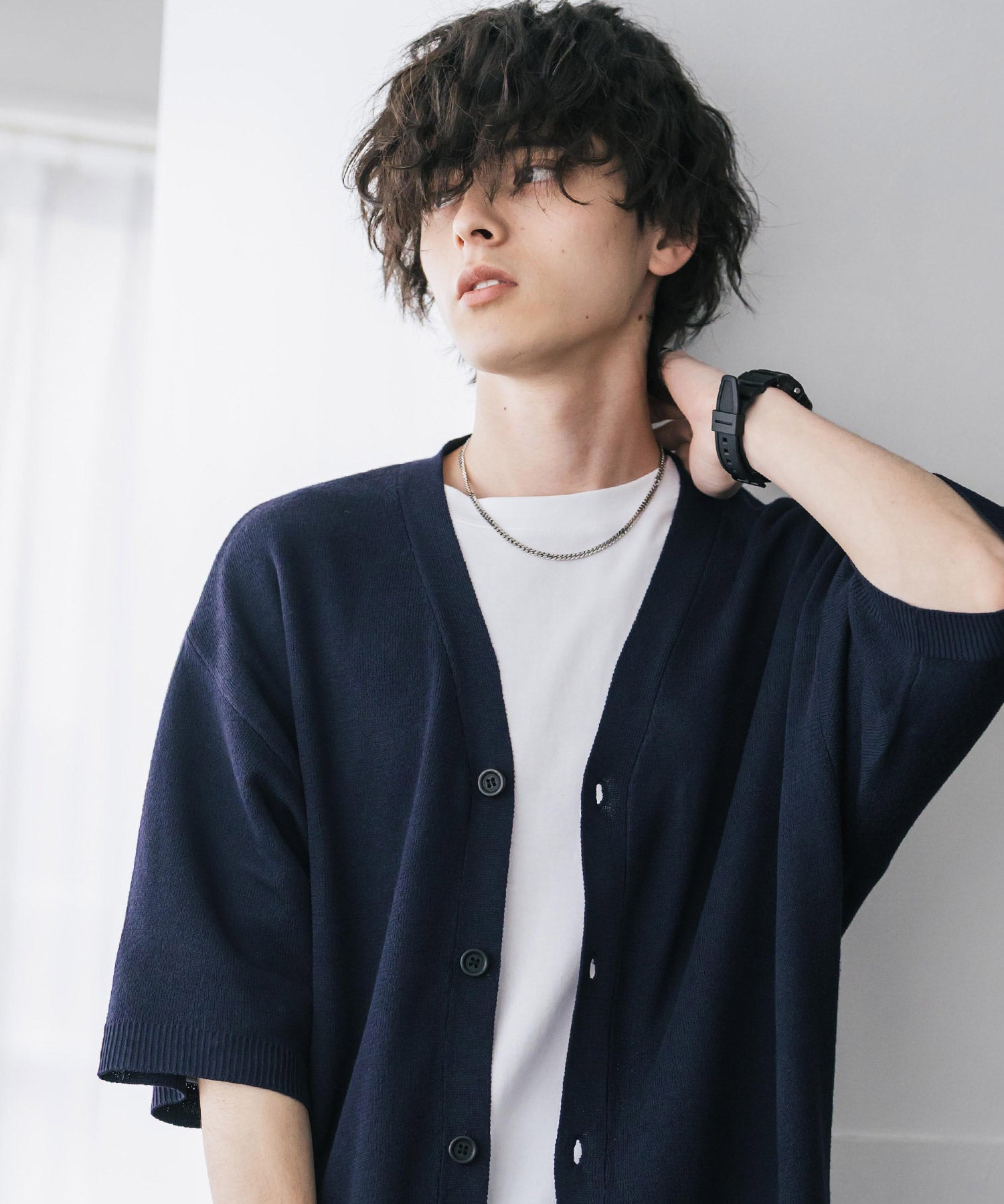 接触冷感 オーバーサイズVネックハイゲージ半袖サマーニットカーディガン 15472