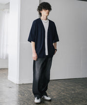 接触冷感 オーバーサイズVネックハイゲージ半袖サマーニットカーディガン 15472