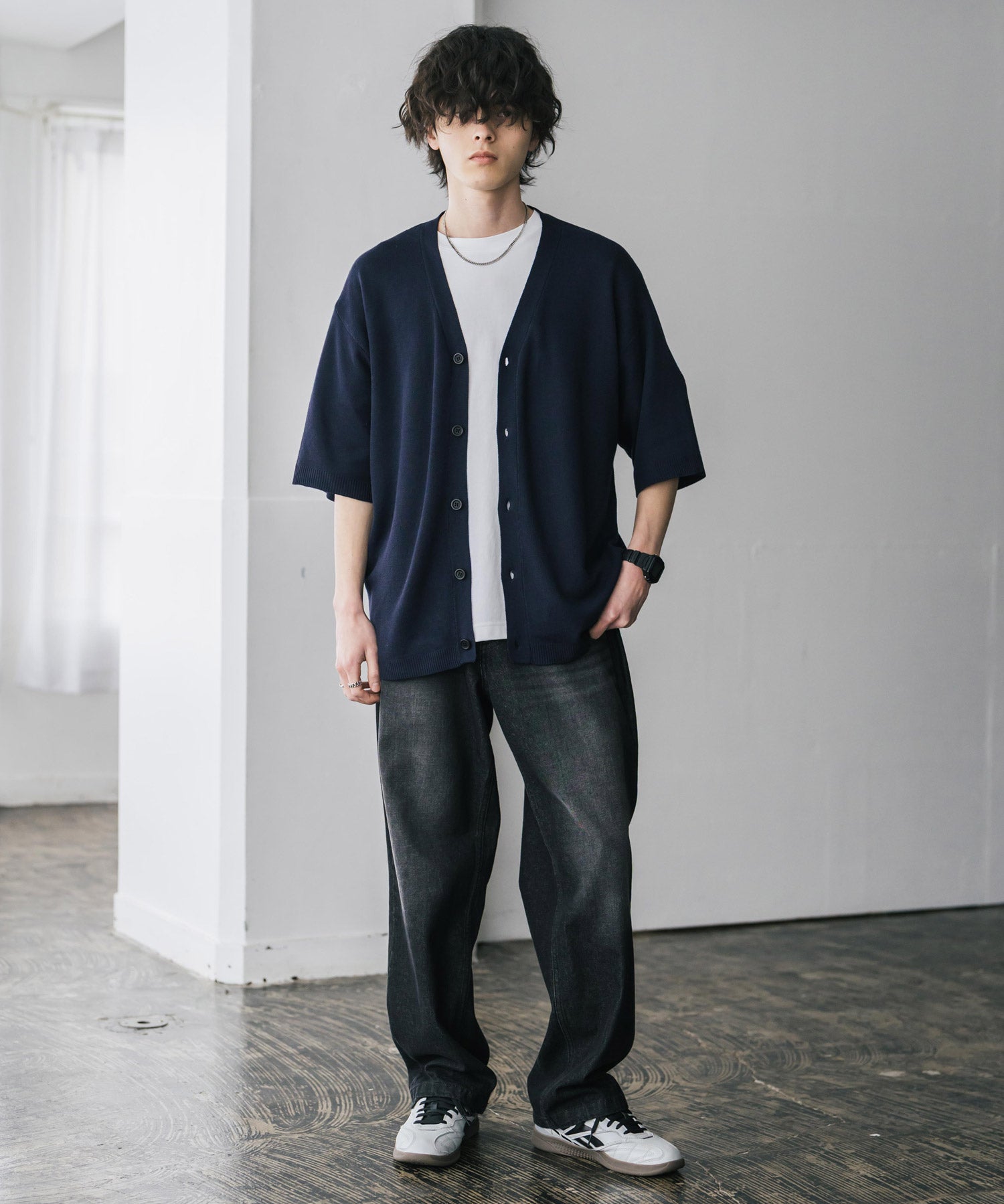 接触冷感 オーバーサイズVネックハイゲージ半袖サマーニットカーディガン 15472