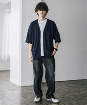 接触冷感 オーバーサイズVネックハイゲージ半袖サマーニットカーディガン 15472