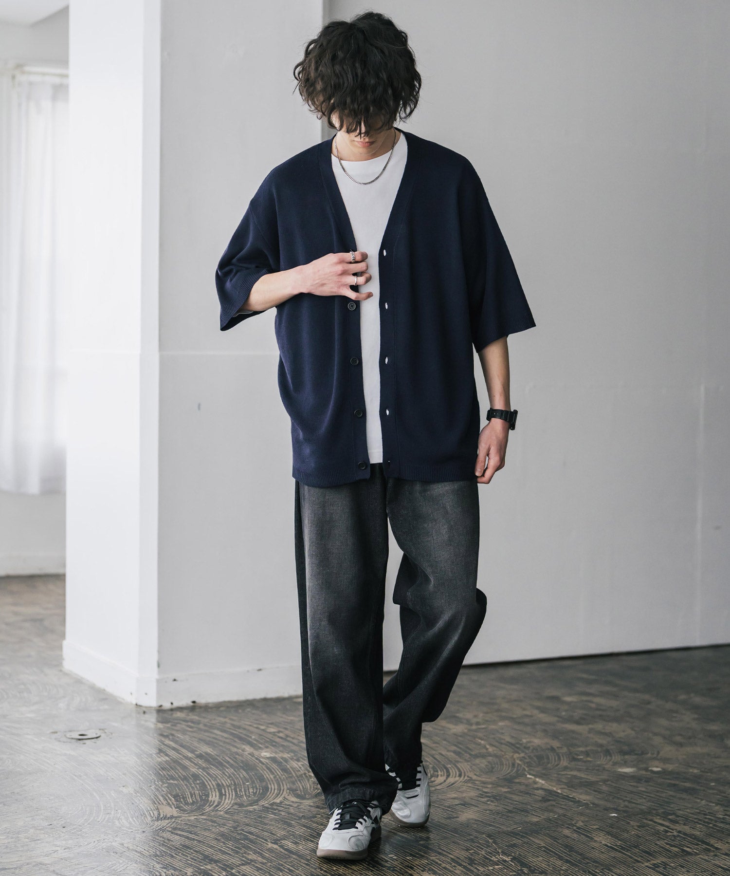 接触冷感 オーバーサイズVネックハイゲージ半袖サマーニットカーディガン 15472