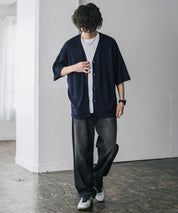 接触冷感 オーバーサイズVネックハイゲージ半袖サマーニットカーディガン 15472