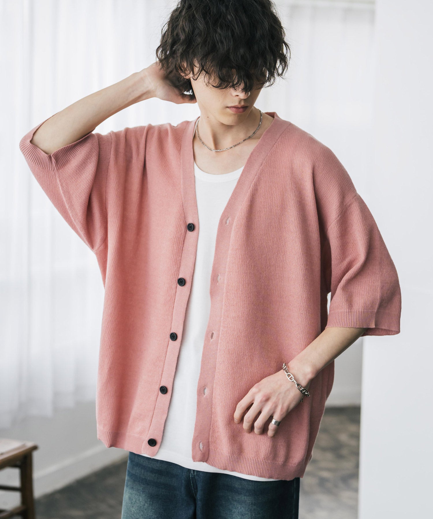 接触冷感 オーバーサイズVネックハイゲージ半袖サマーニットカーディガン 15472