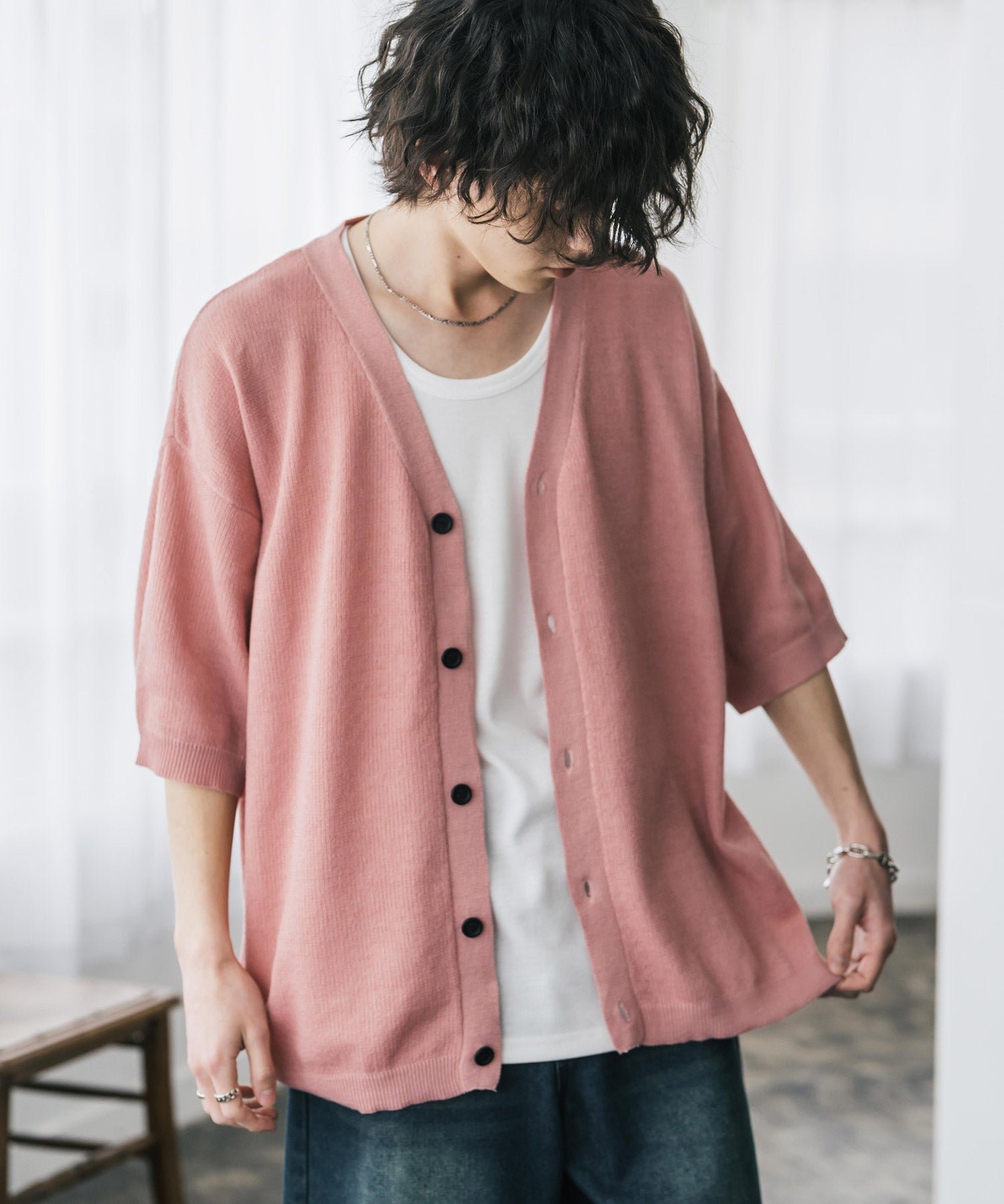 接触冷感 オーバーサイズVネックハイゲージ半袖サマーニットカーディガン 15472