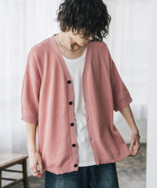 接触冷感 オーバーサイズVネックハイゲージ半袖サマーニットカーディガン 15472