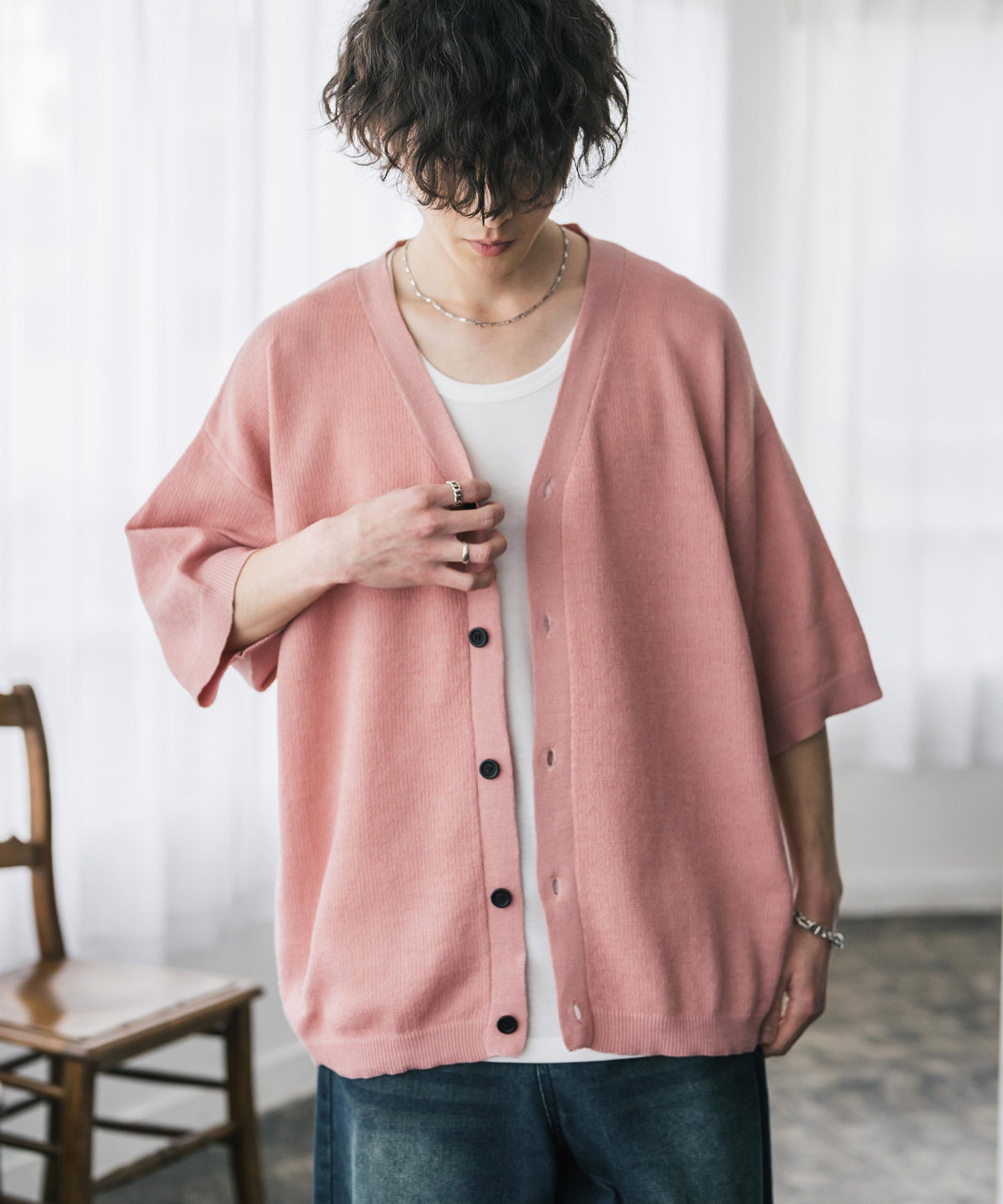 接触冷感 オーバーサイズVネックハイゲージ半袖サマーニットカーディガン 15472