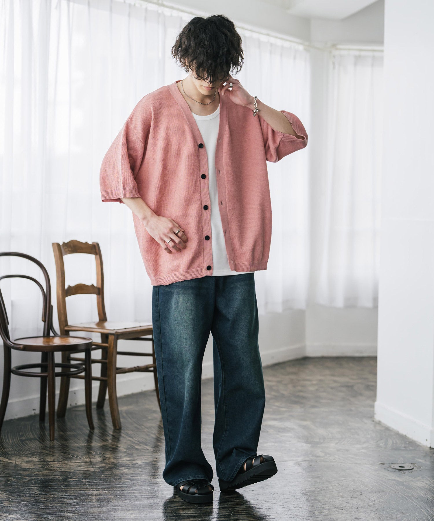 接触冷感 オーバーサイズVネックハイゲージ半袖サマーニットカーディガン 15472