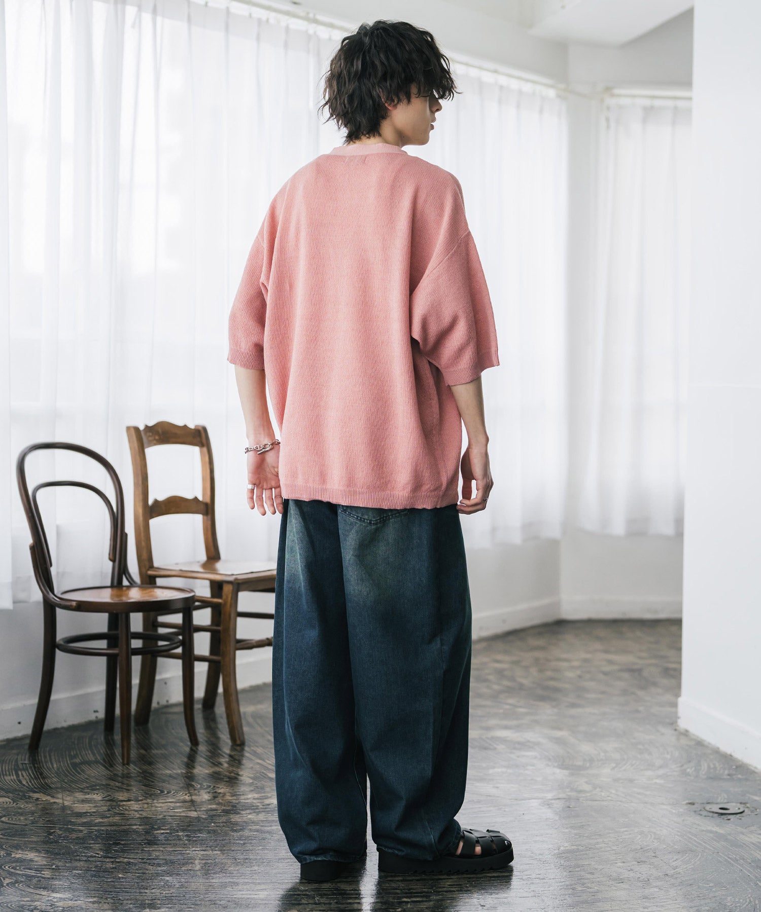 接触冷感 オーバーサイズVネックハイゲージ半袖サマーニットカーディガン 15472