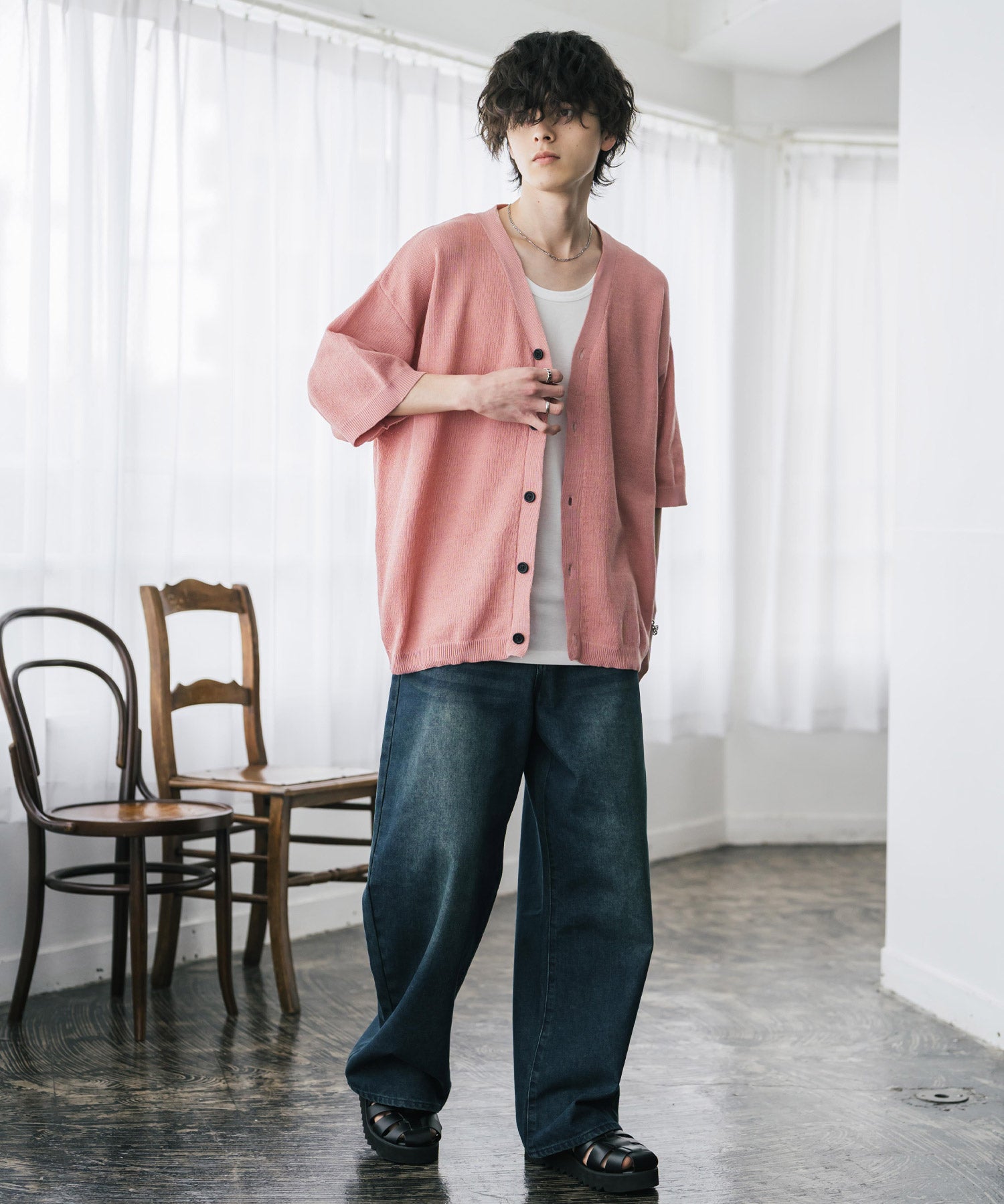 接触冷感 オーバーサイズVネックハイゲージ半袖サマーニットカーディガン 15472