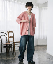 接触冷感 オーバーサイズVネックハイゲージ半袖サマーニットカーディガン 15472