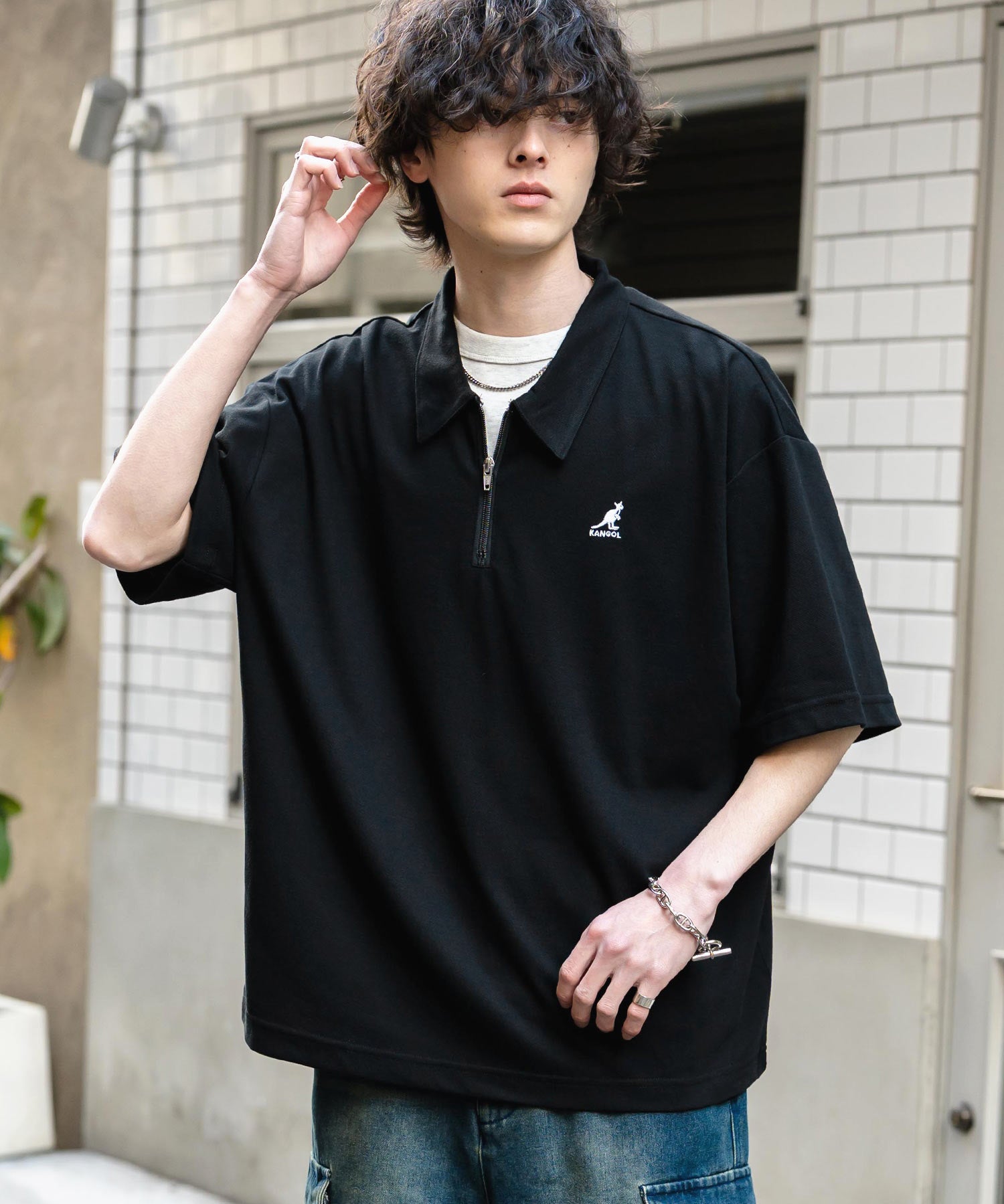 新色追加 KANGOL カンゴール 別注コラボ 接触冷感鹿の子ハーフジップ半袖ロゴ刺繍ポロシャツ 15474