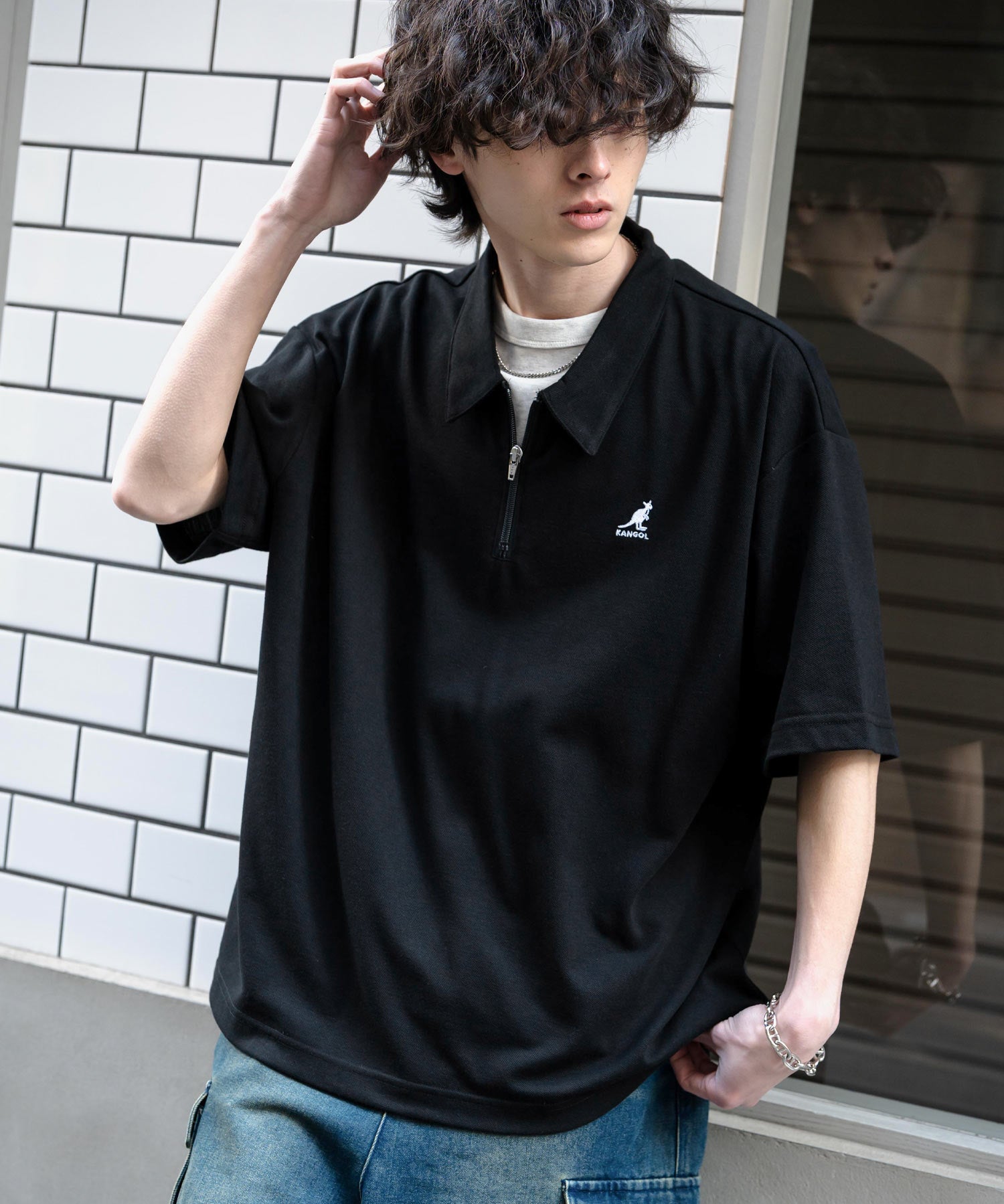 新色追加 KANGOL カンゴール 別注コラボ 接触冷感鹿の子ハーフジップ半袖ロゴ刺繍ポロシャツ 15474