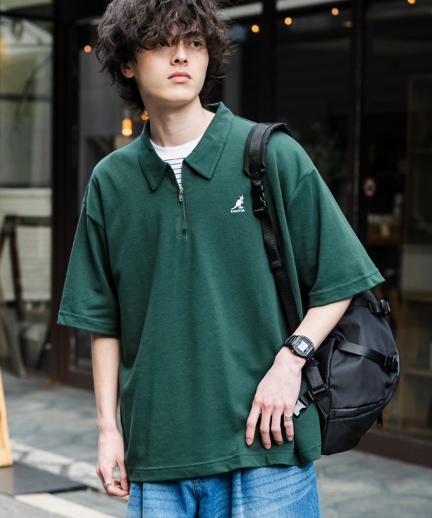 新色追加 KANGOL カンゴール 別注コラボ 接触冷感鹿の子ハーフジップ半袖ロゴ刺繍ポロシャツ 15474