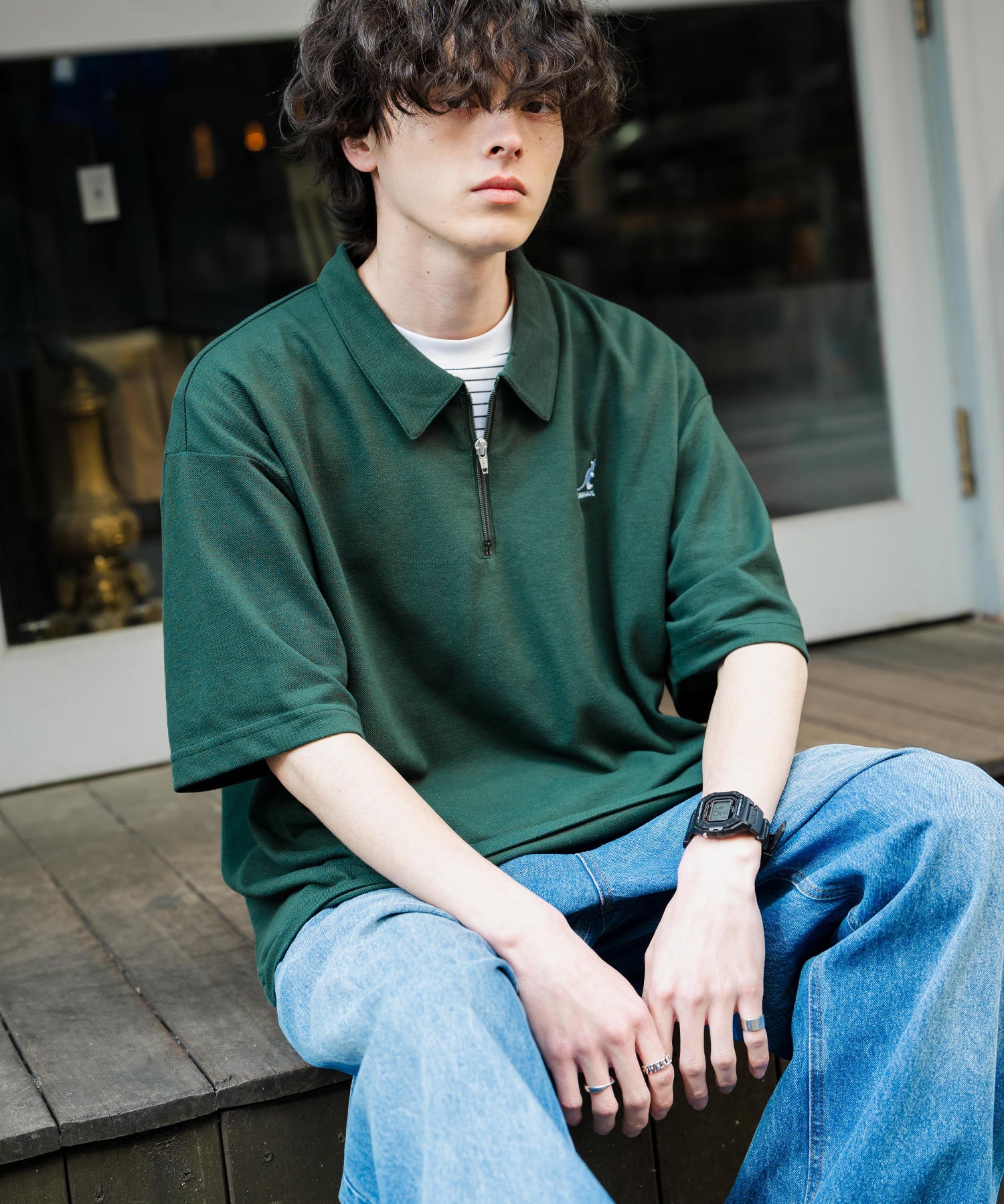 新色追加 KANGOL カンゴール 別注コラボ 接触冷感鹿の子ハーフジップ半袖ロゴ刺繍ポロシャツ 15474