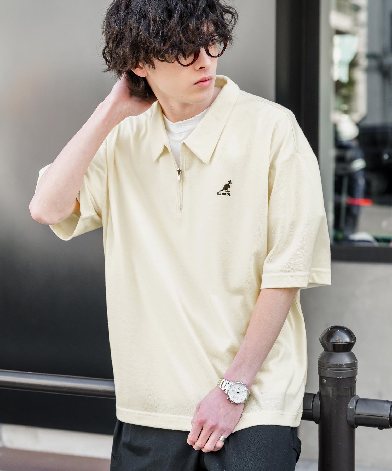 新色追加 KANGOL カンゴール 別注コラボ 接触冷感鹿の子ハーフジップ半袖ロゴ刺繍ポロシャツ 15474