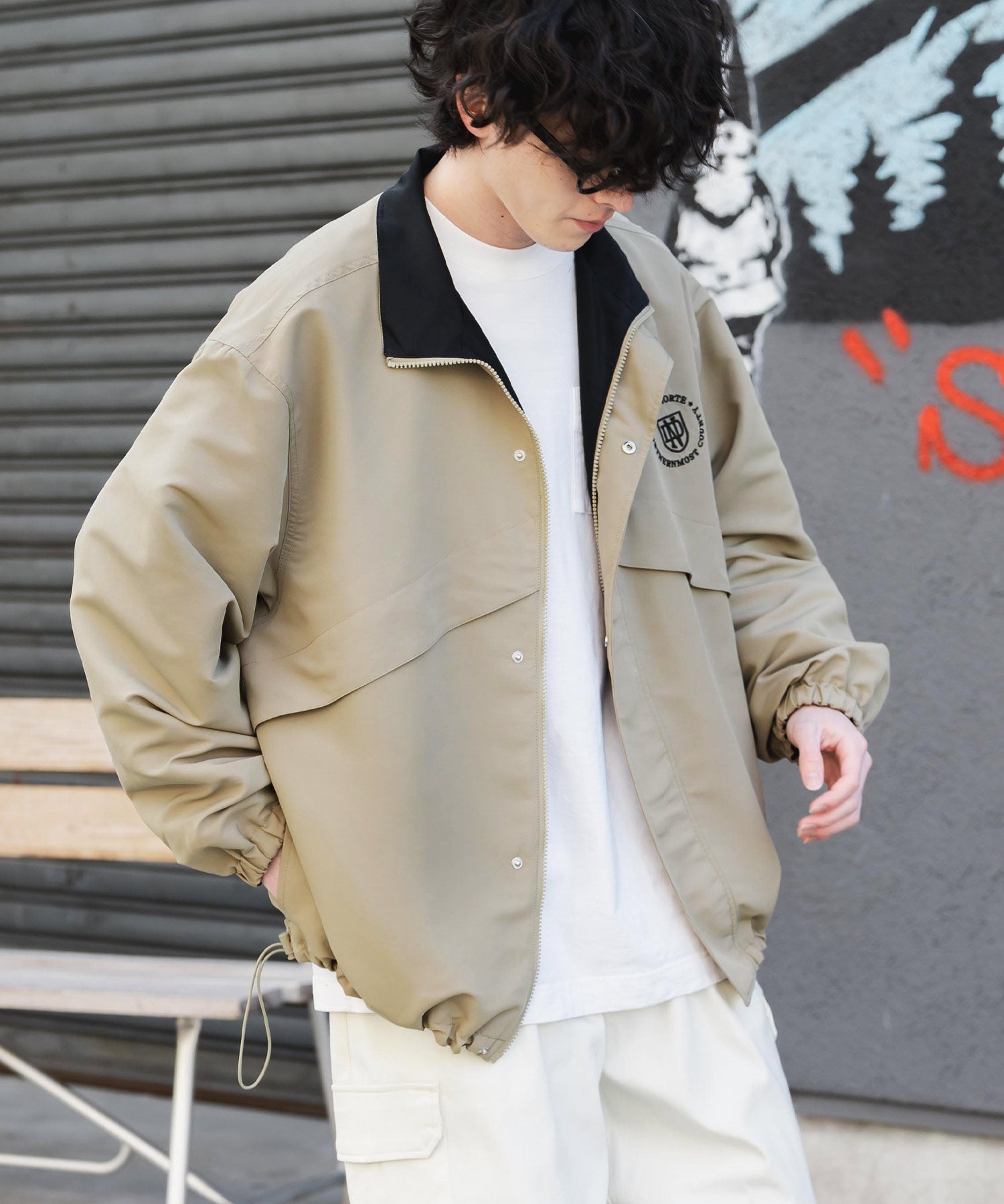 新色追加 2WAYリバーシブル 両A面オーバーサイズワンポイントロゴ刺繍スタンドネックライトブルゾン 15477