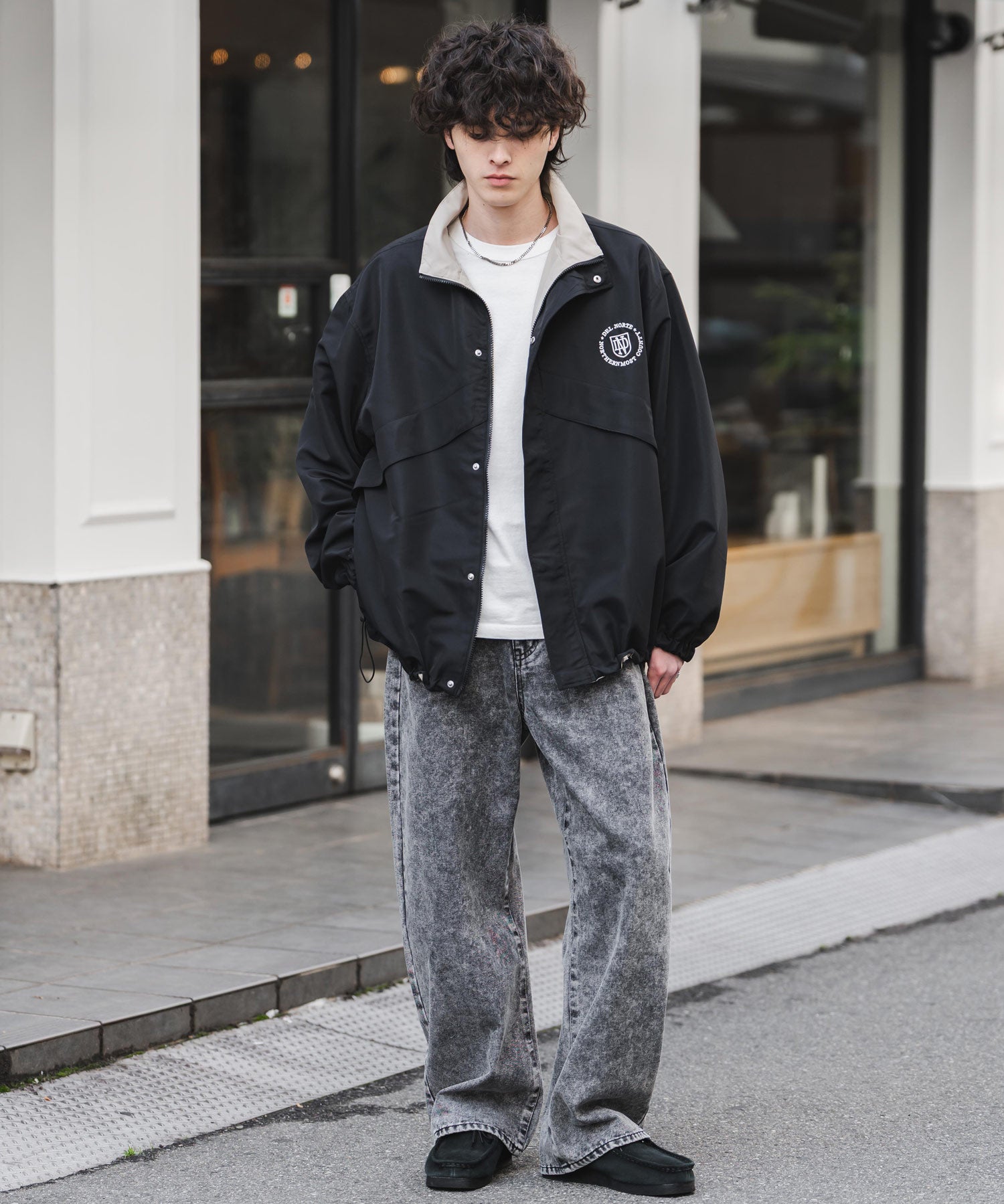 2WAYリバーシブル 両A面オーバーサイズワンポイントロゴ刺繍スタンドネックショートブルゾン 15477