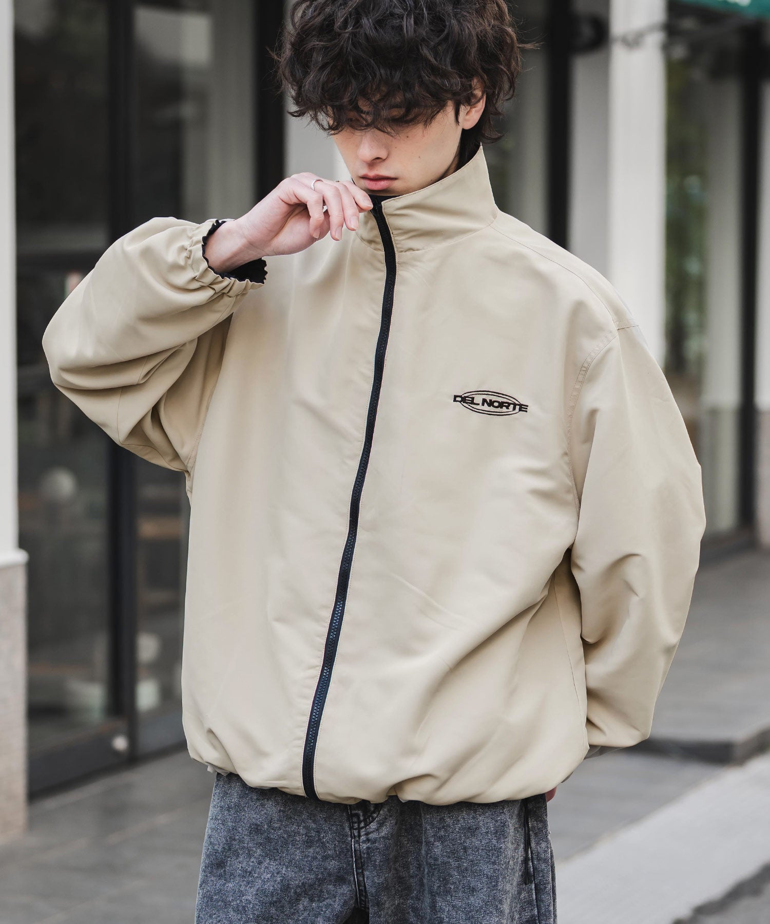 2WAYリバーシブル 両A面オーバーサイズワンポイントロゴ刺繍スタンドネックショートブルゾン 15477