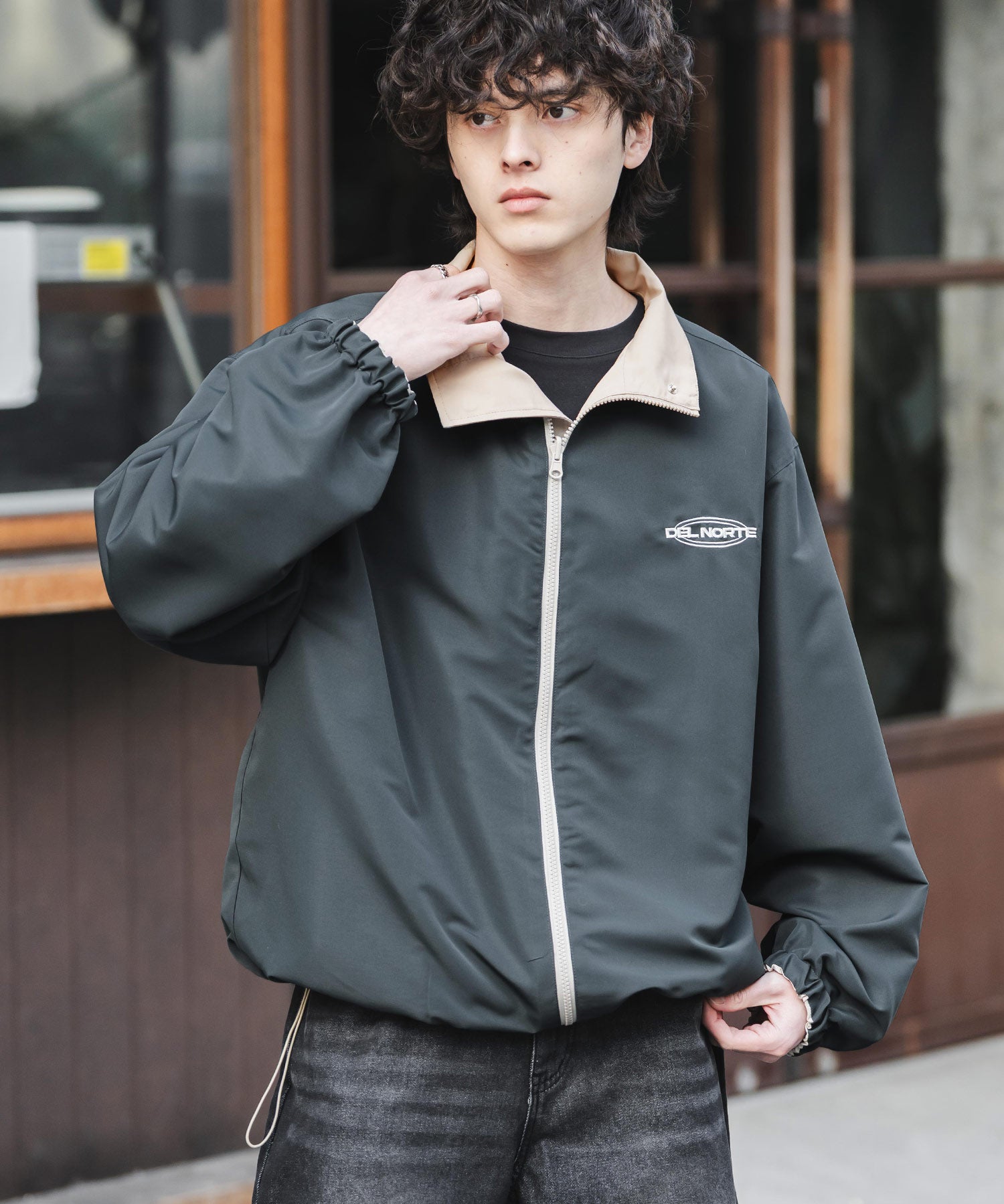 2WAYリバーシブル 両A面オーバーサイズワンポイントロゴ刺繍スタンドネックショートブルゾン 15477