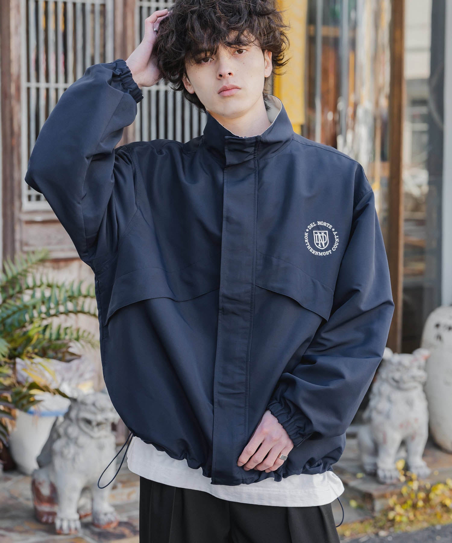 新色追加 2WAYリバーシブル 両A面オーバーサイズワンポイントロゴ刺繍スタンドネックライトブルゾン 15477