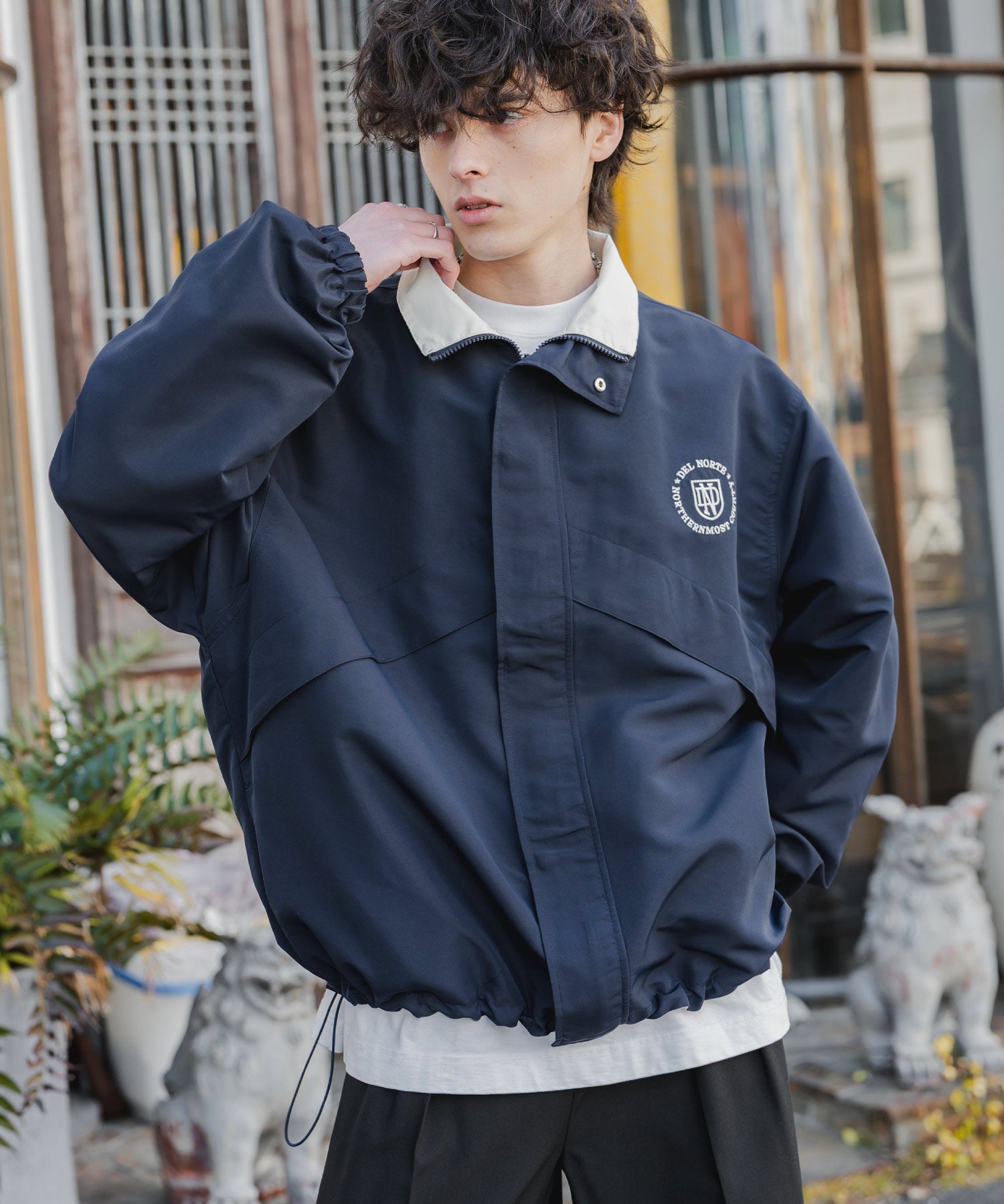 新色追加 2WAYリバーシブル 両A面オーバーサイズワンポイントロゴ刺繍スタンドネックライトブルゾン 15477