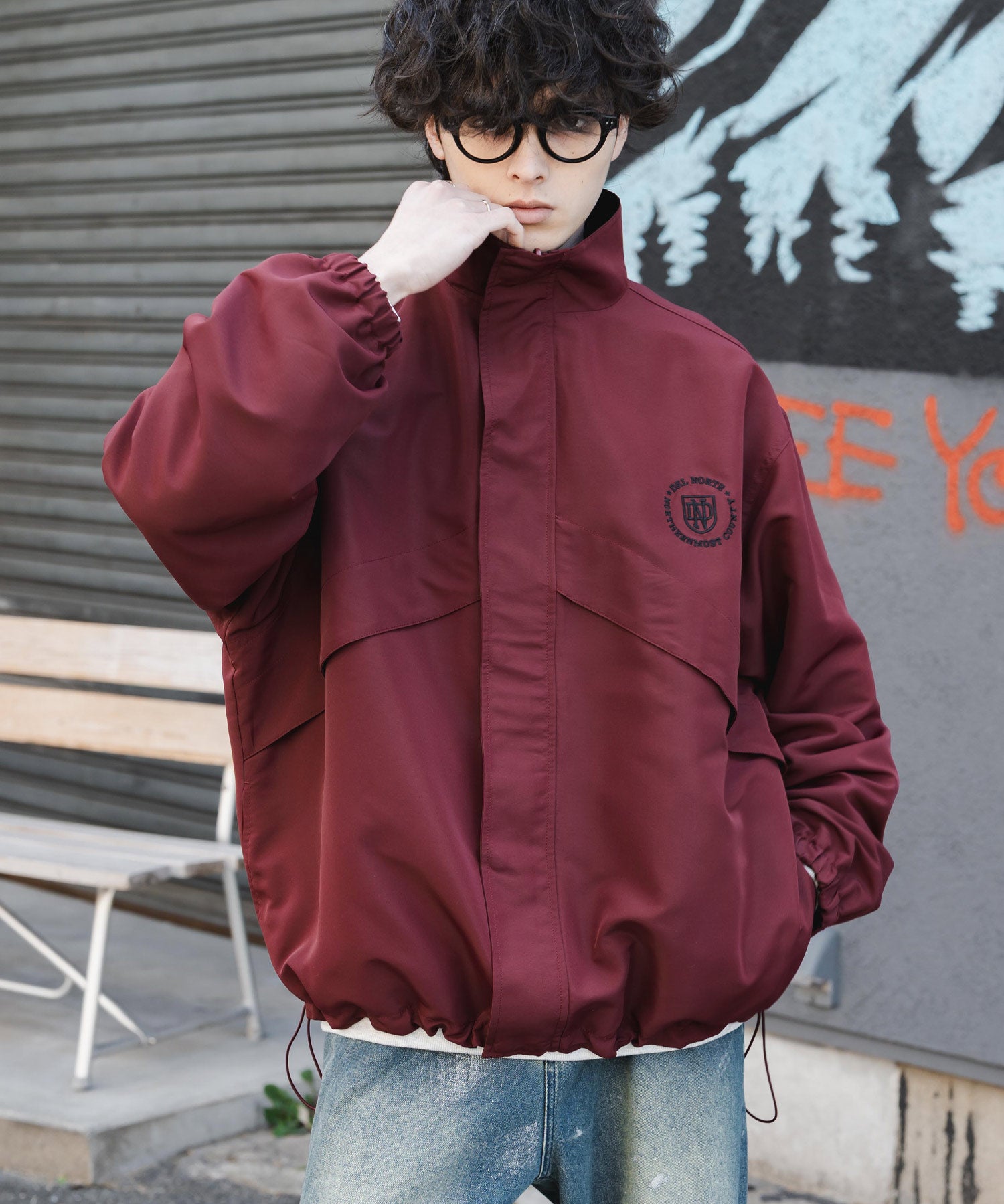 新色追加 2WAYリバーシブル 両A面オーバーサイズワンポイントロゴ刺繍スタンドネックライトブルゾン 15477