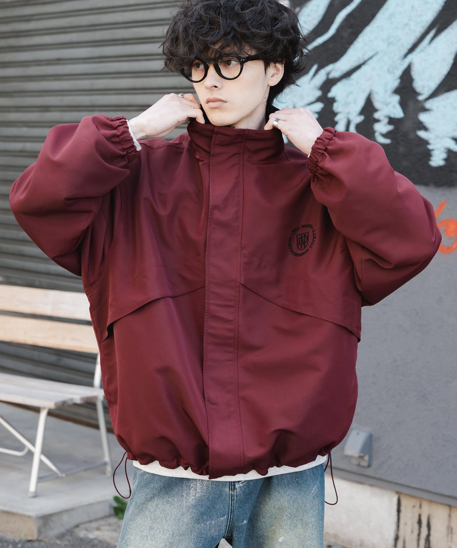 新色追加 2WAYリバーシブル 両A面オーバーサイズワンポイントロゴ刺繍スタンドネックライトブルゾン 15477