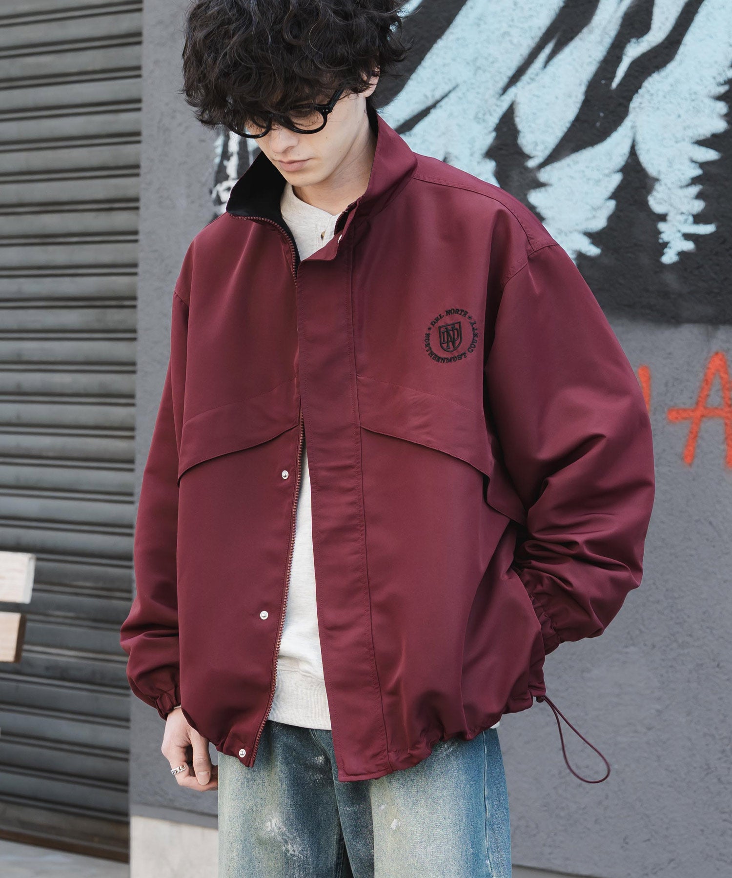 新色追加 2WAYリバーシブル 両A面オーバーサイズワンポイントロゴ刺繍スタンドネックライトブルゾン 15477