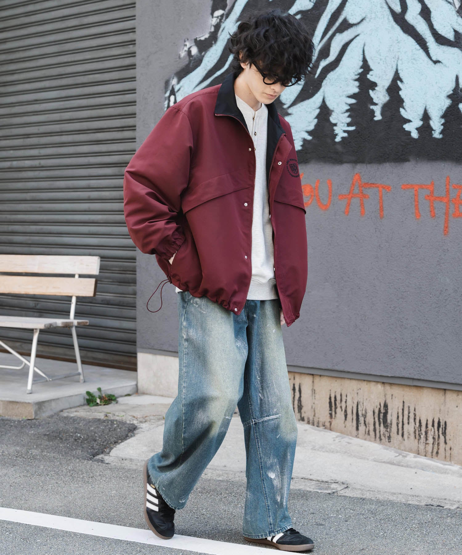 新色追加 2WAYリバーシブル 両A面オーバーサイズワンポイントロゴ刺繍スタンドネックライトブルゾン 15477