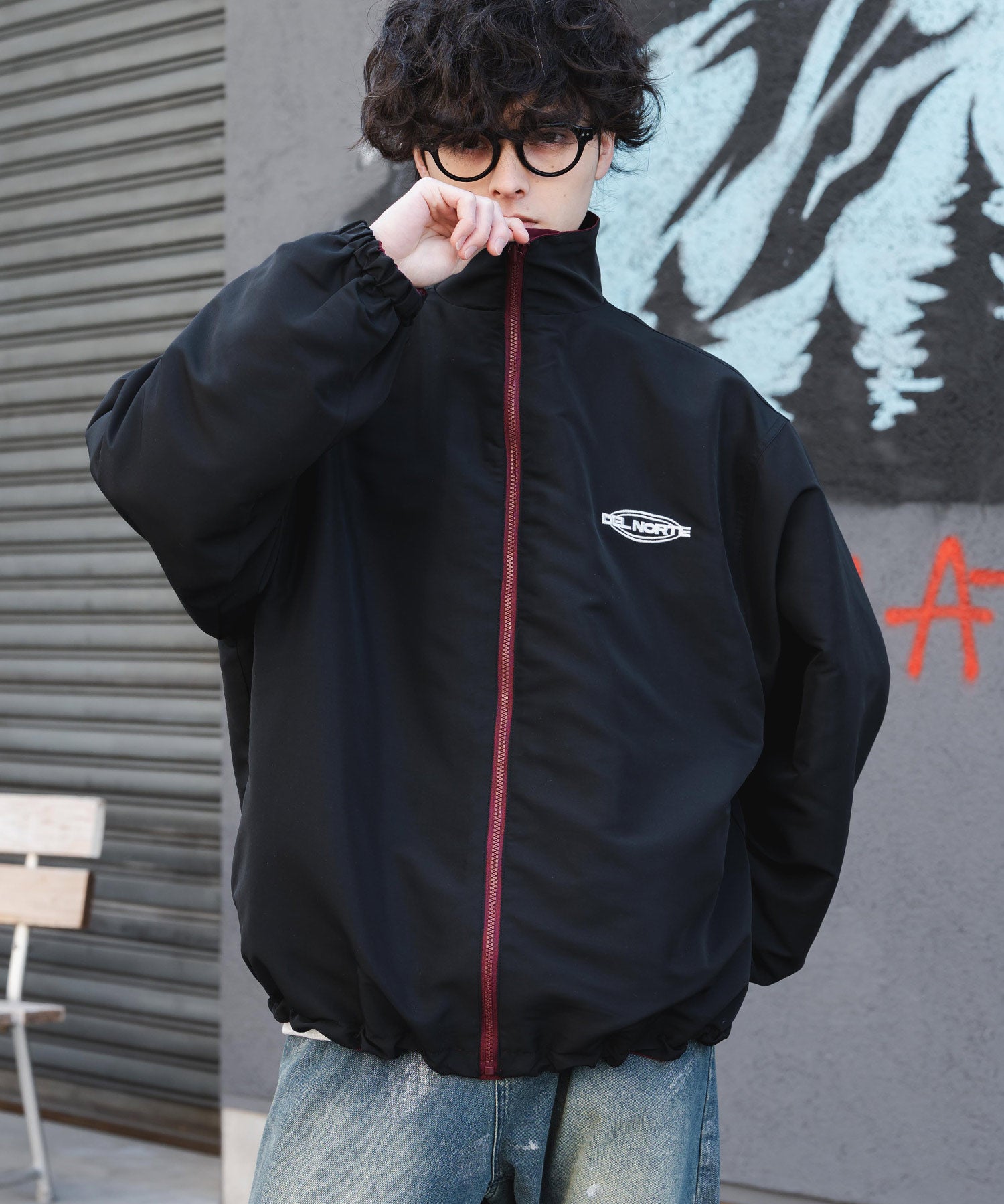 新色追加 2WAYリバーシブル 両A面オーバーサイズワンポイントロゴ刺繍スタンドネックライトブルゾン 15477