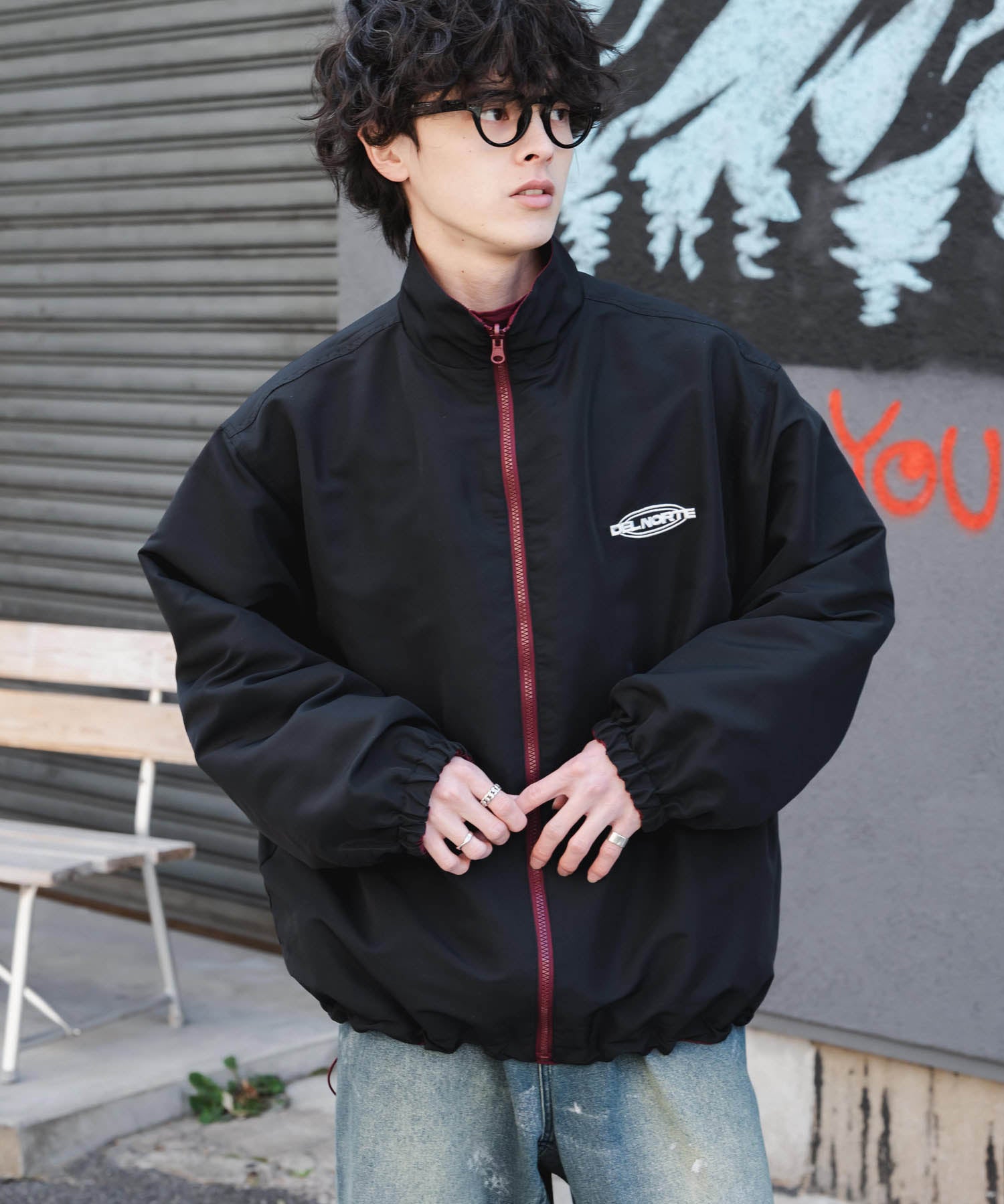 新色追加 2WAYリバーシブル 両A面オーバーサイズワンポイントロゴ刺繍スタンドネックライトブルゾン 15477