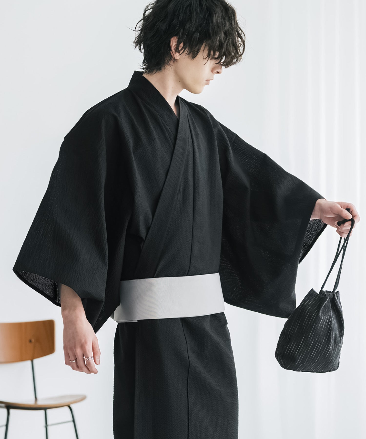 しじら織りワンタッチ帯付きメンズ浴衣2点セット 15479